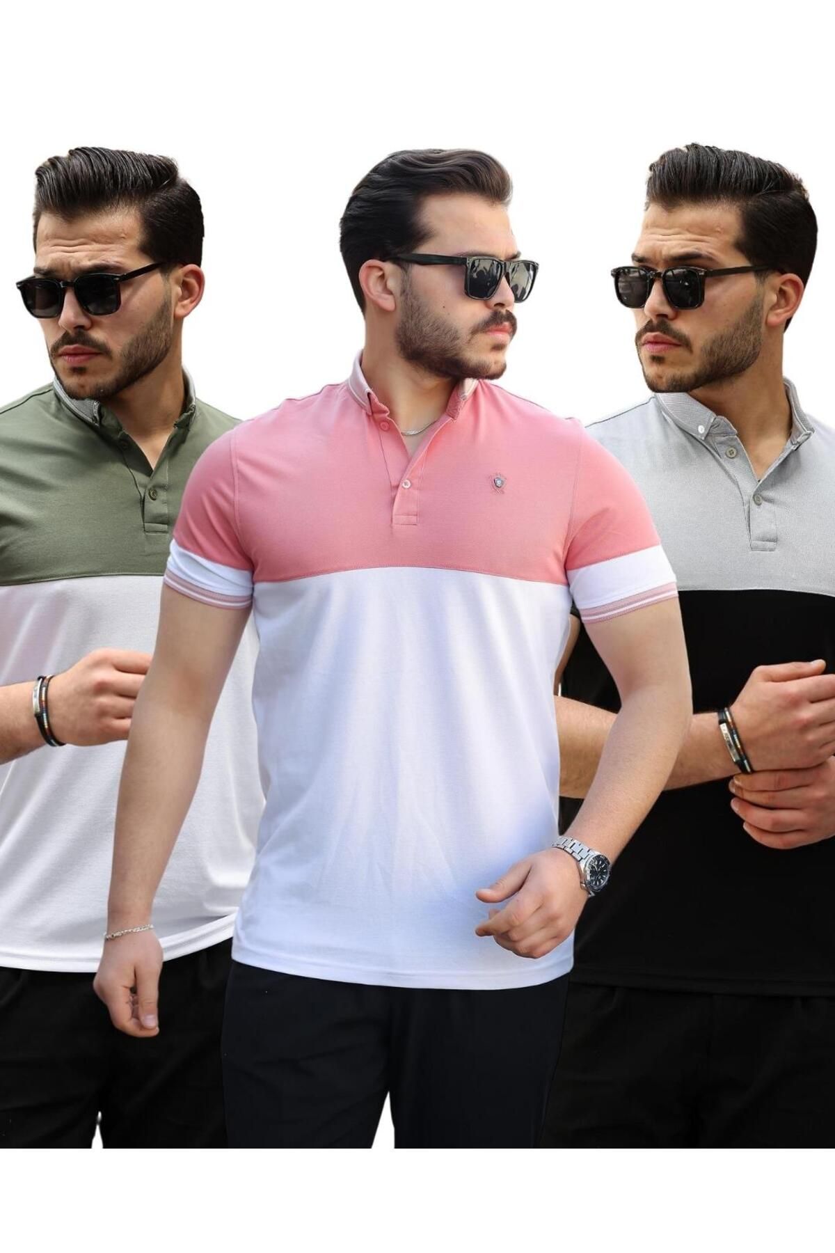 Miron Pembe Gri Haki Ston Parçalı Üçlü Paket Polo Yaka Kısa Kollu Tişört- 2521