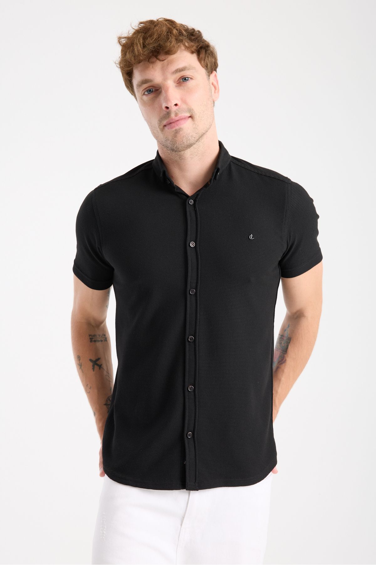 Sabe Erkek Slim Fit Likralı Nefes Alan Örme Kısa Kol Gömlek