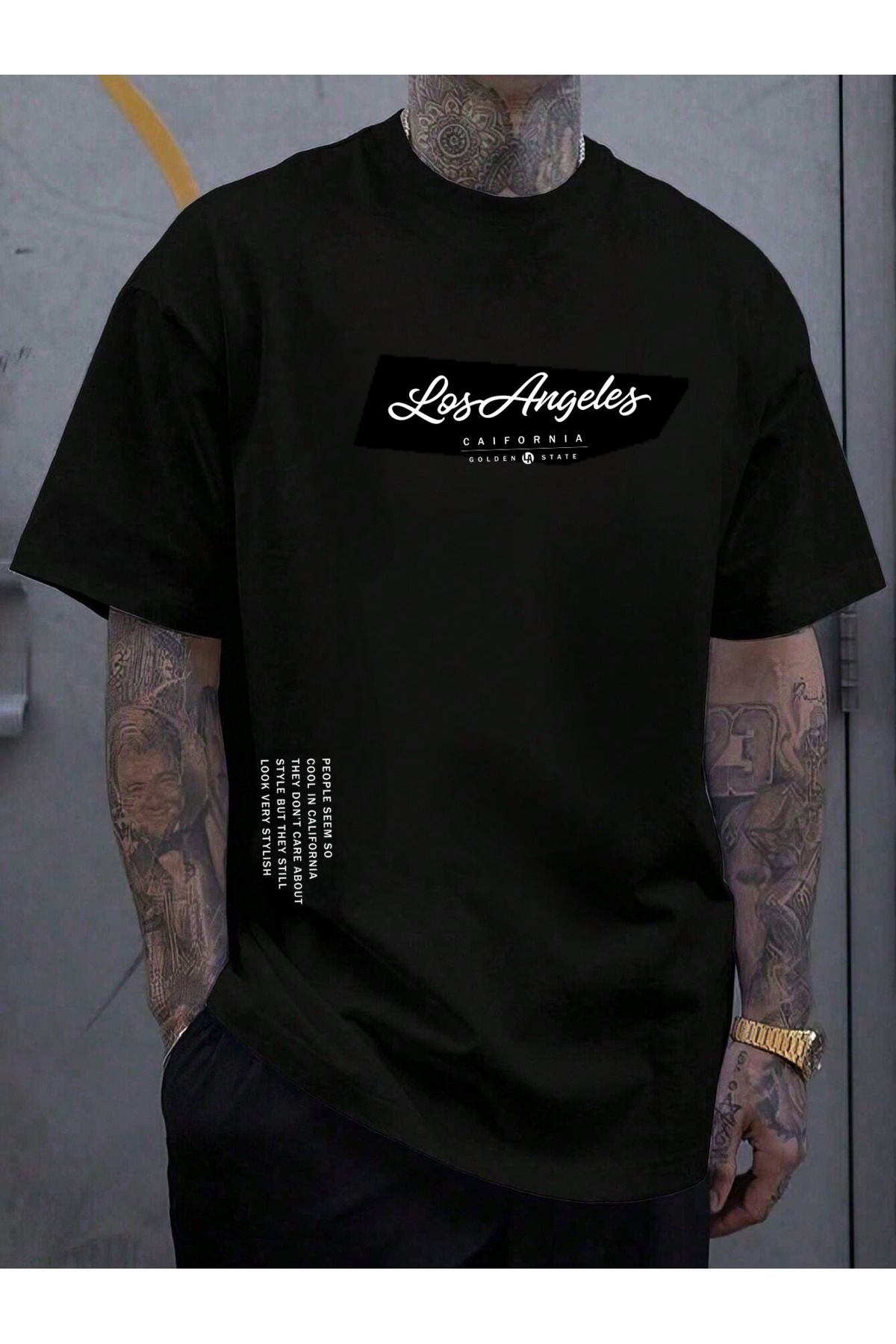 EFFRENATU Los Angeles Altın Eyalet Baskılı Pamuklu Kumaş Bisiklet Yaka Siyah Kısa Kol Erkek T-shirt