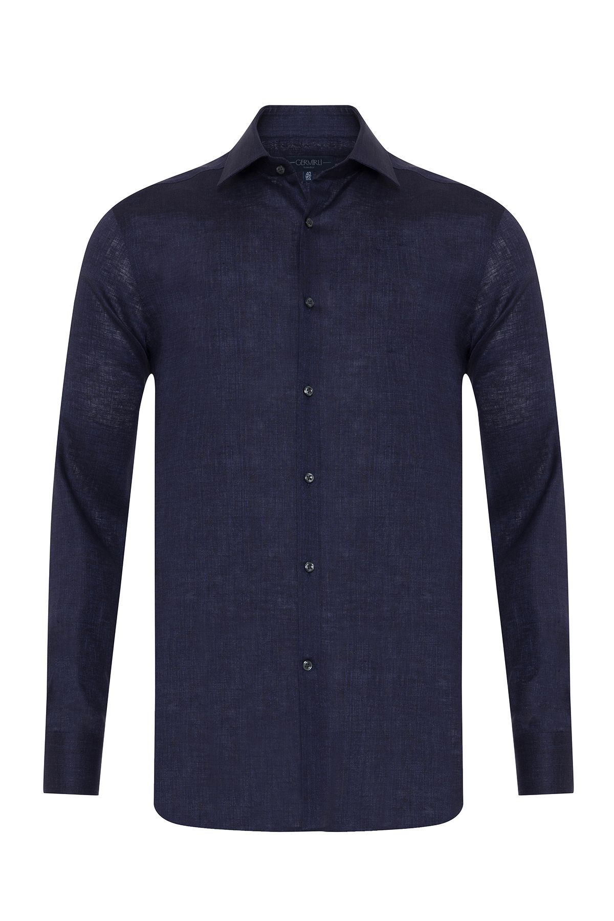 Germirli Lacivert Thomas Mason Non Iron Klasik Yaka Tailor Fit Keten Gömlek
