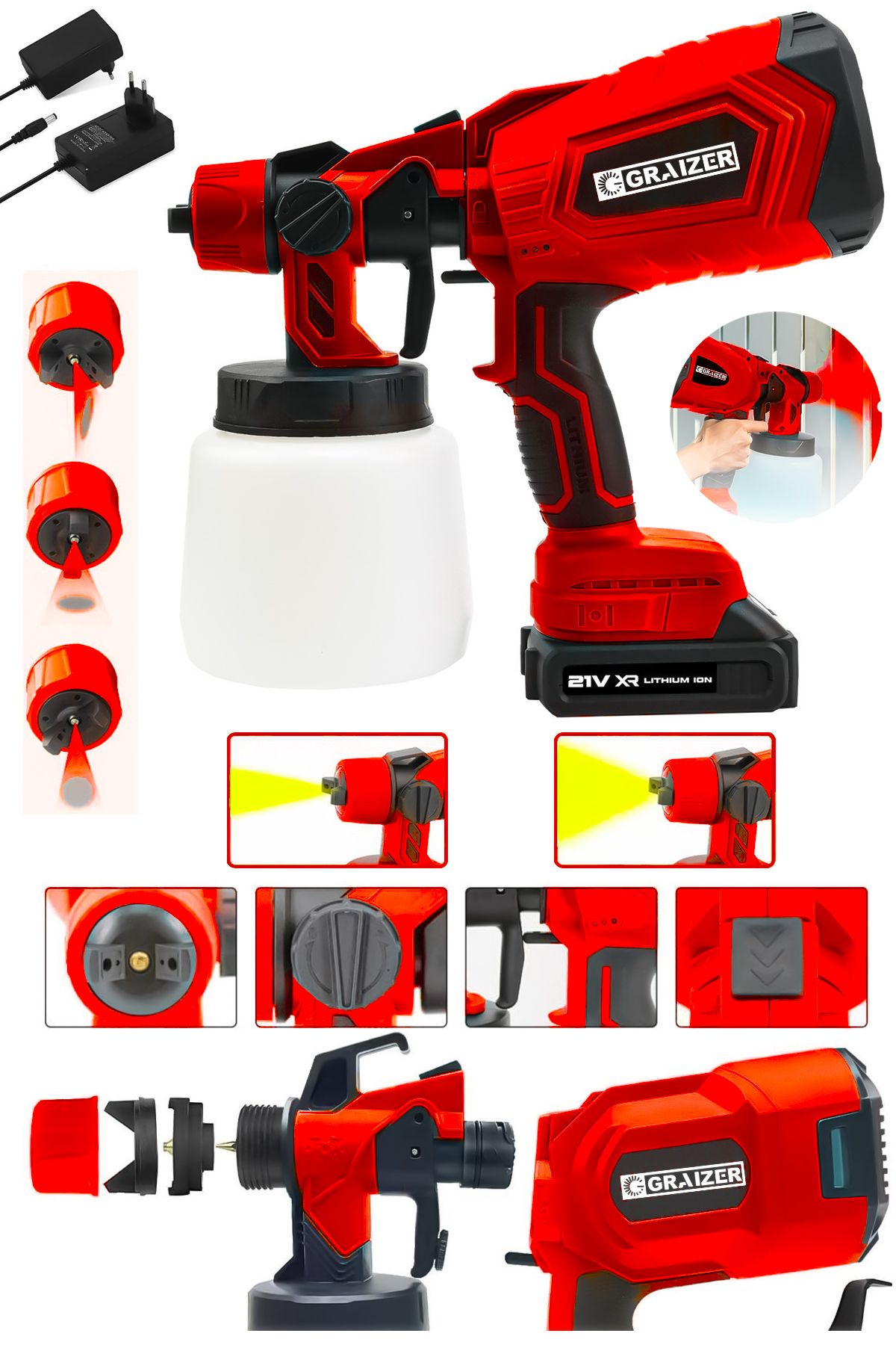 Graizer Powerforge 21v Çift Akülü 300 Mm Vernik Sprey Boya Püskürtme Makinesi-Kırmızı