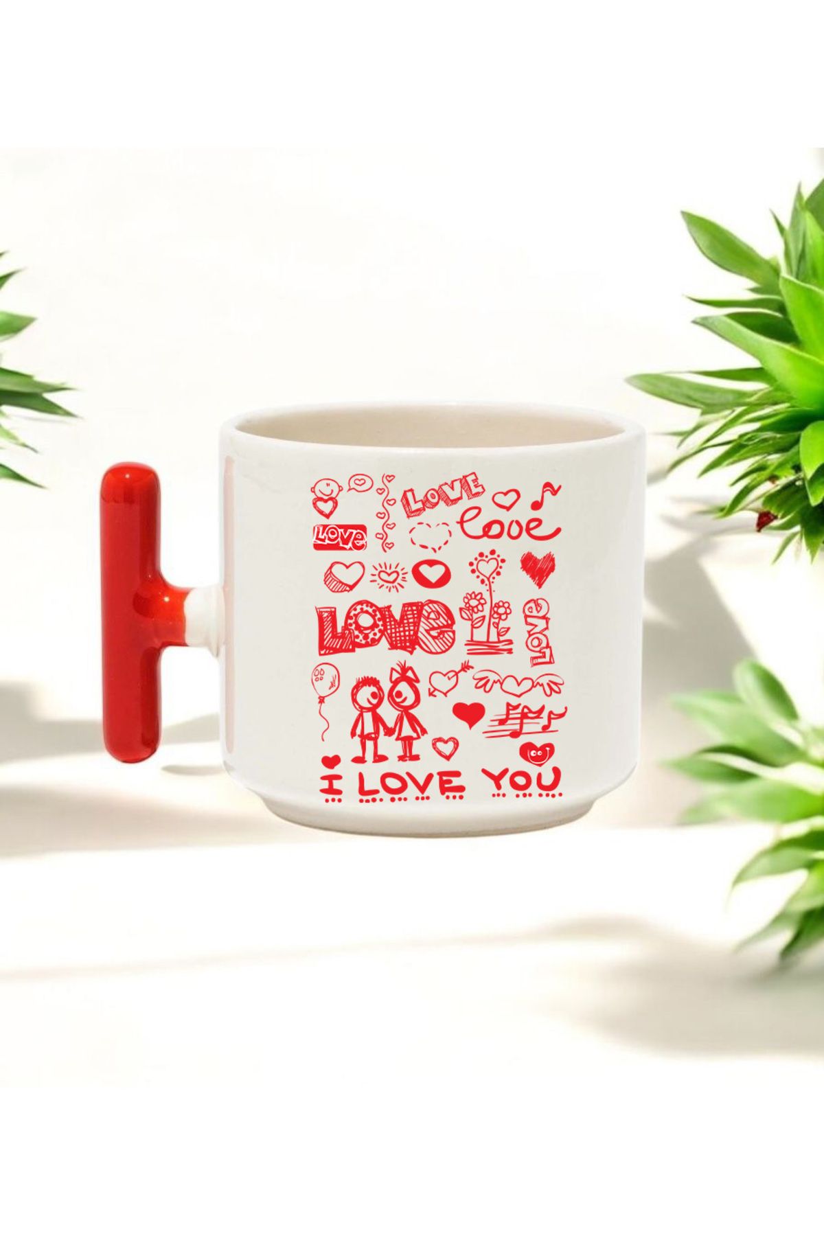 BB TRADE Love Yazı Tasarımlı Kırmızı T Kulplu Seramik Baskılı Kupa Bardak 250 ML
