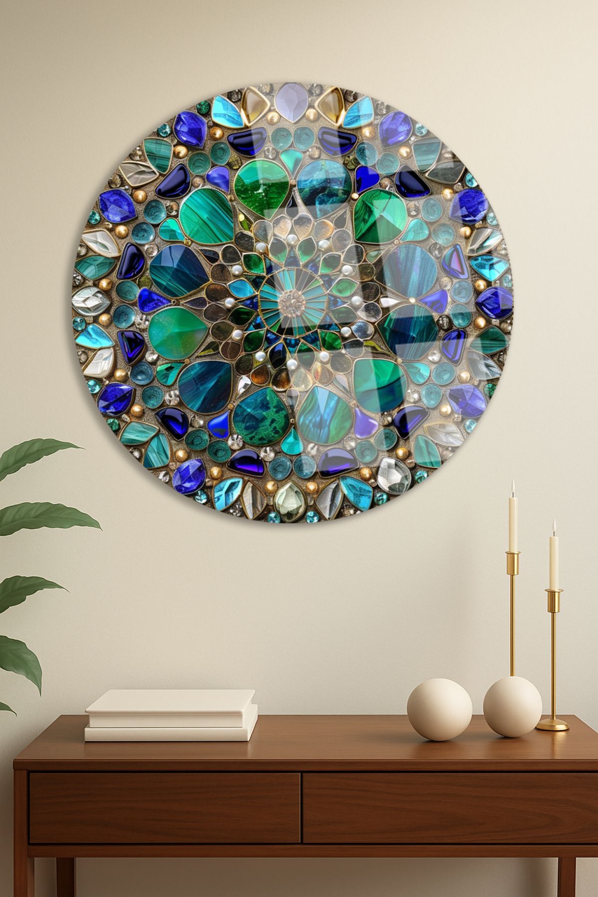 TAULART Vitray Cam Görünümlü Deniz Taş Efekti Yuvarlak Kırılmaz Cam Tablo Modern Tablo Ev Hediyesi Tablo