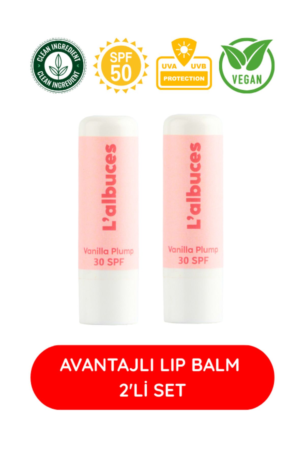 L'albuces Vanilla 30 SPF Plump Lip Balm İkili Set-Dolgunlaştırıcı Dudak Nemlendiricisi