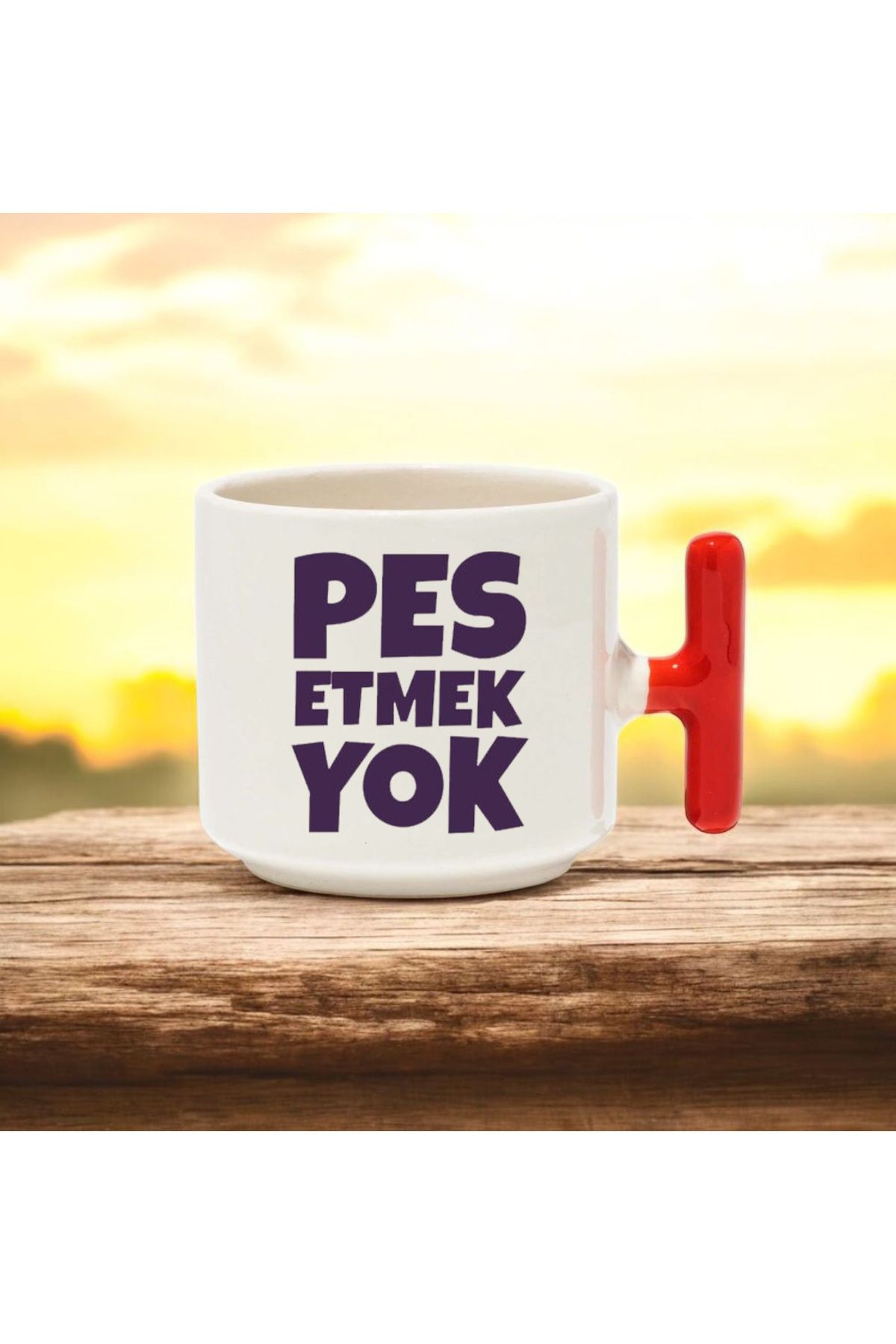 BB TRADE Pes Etmek Yok Tasarımlı Kırmızı T Kulplu Seramik Baskılı Kupa Bardak 250 ML