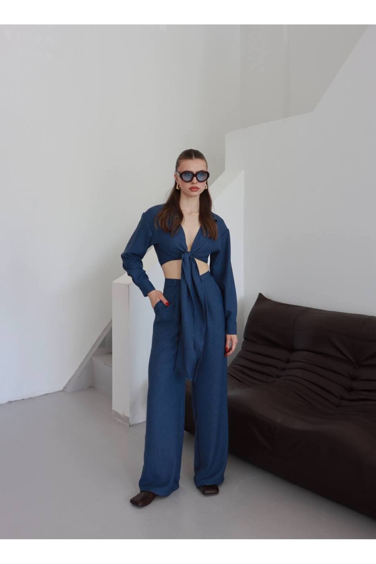 OTAKU Kadın Bağlamalı Crop Bluz & Bol Paça Pantolon İkili Takım