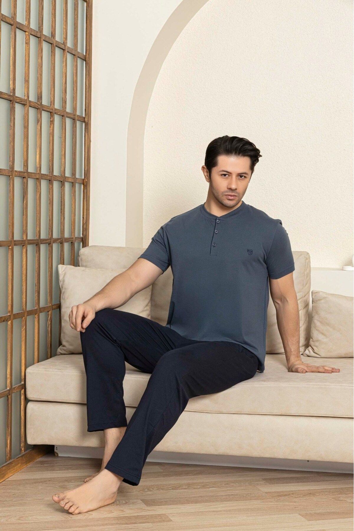 GUAVA+ Erkek 3 Düğmeli %100 Pamuk Yazlık Kısa Kol Cepli Pijama Takımı