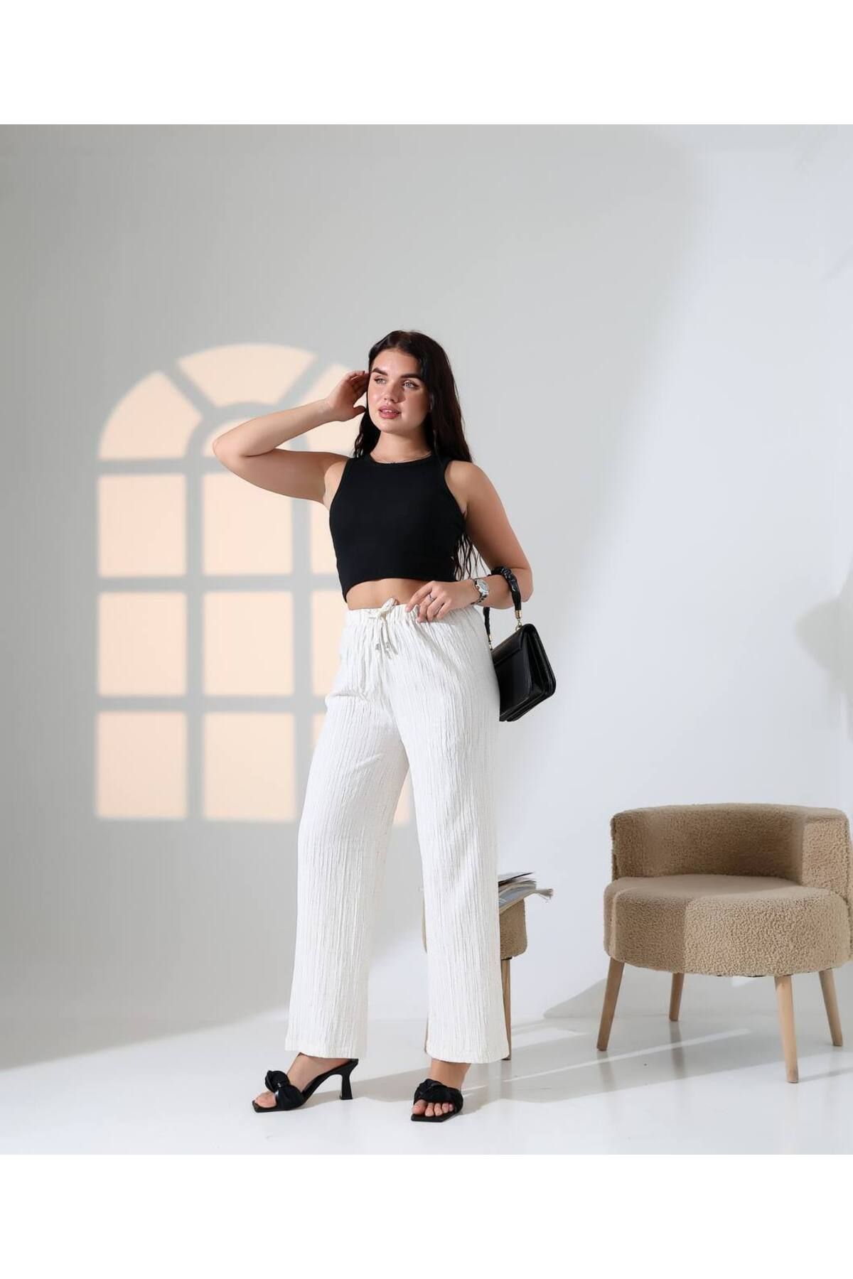 NovaRopa Kadın Beyaz Beli Lastikli Bol Paça Pantolon-10LN0128