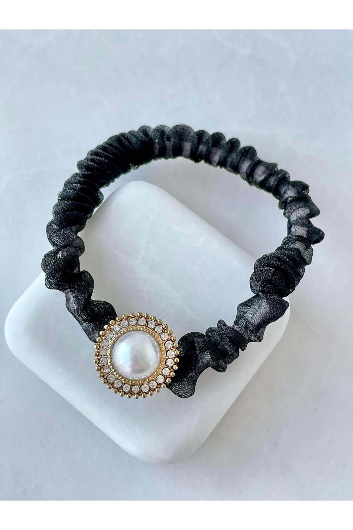 Seda Bijuteri İnci ve Gömme Taşlı Tül Scrunchie Toka Siyah