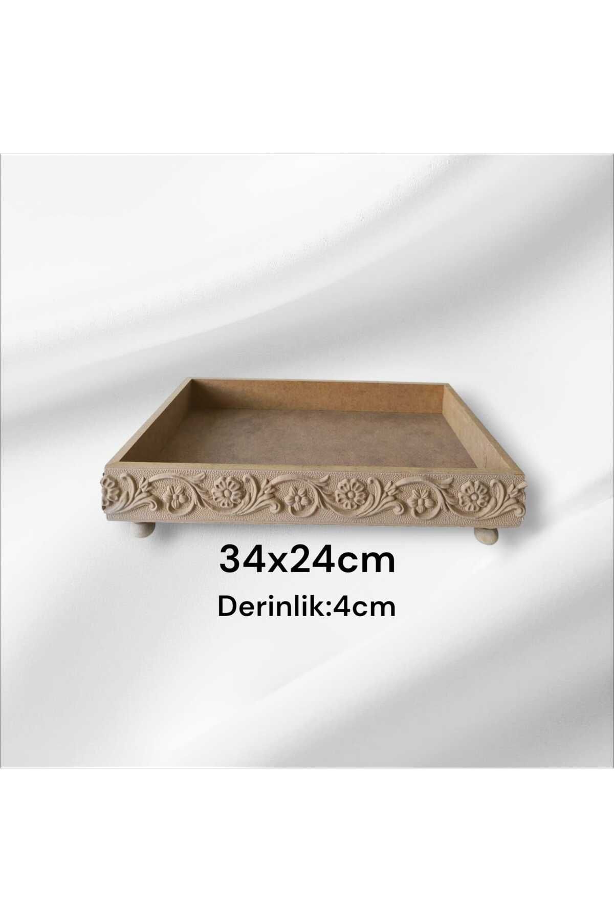 SEKAY AHŞAP Ahşap boyanabilir çiçek desenli ayaklı dikdörtgen sunumluk tepsi