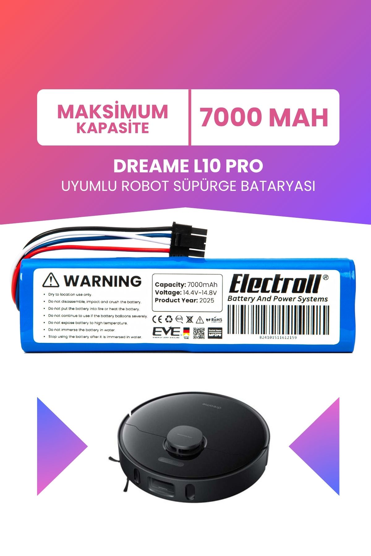 ELECTROLL Dreame L10 Pro Uyumlu Batarya (Maksimum Kapasite) 7000MAH Pil Robot Süpürge Bataryası Değişimi RLS5R