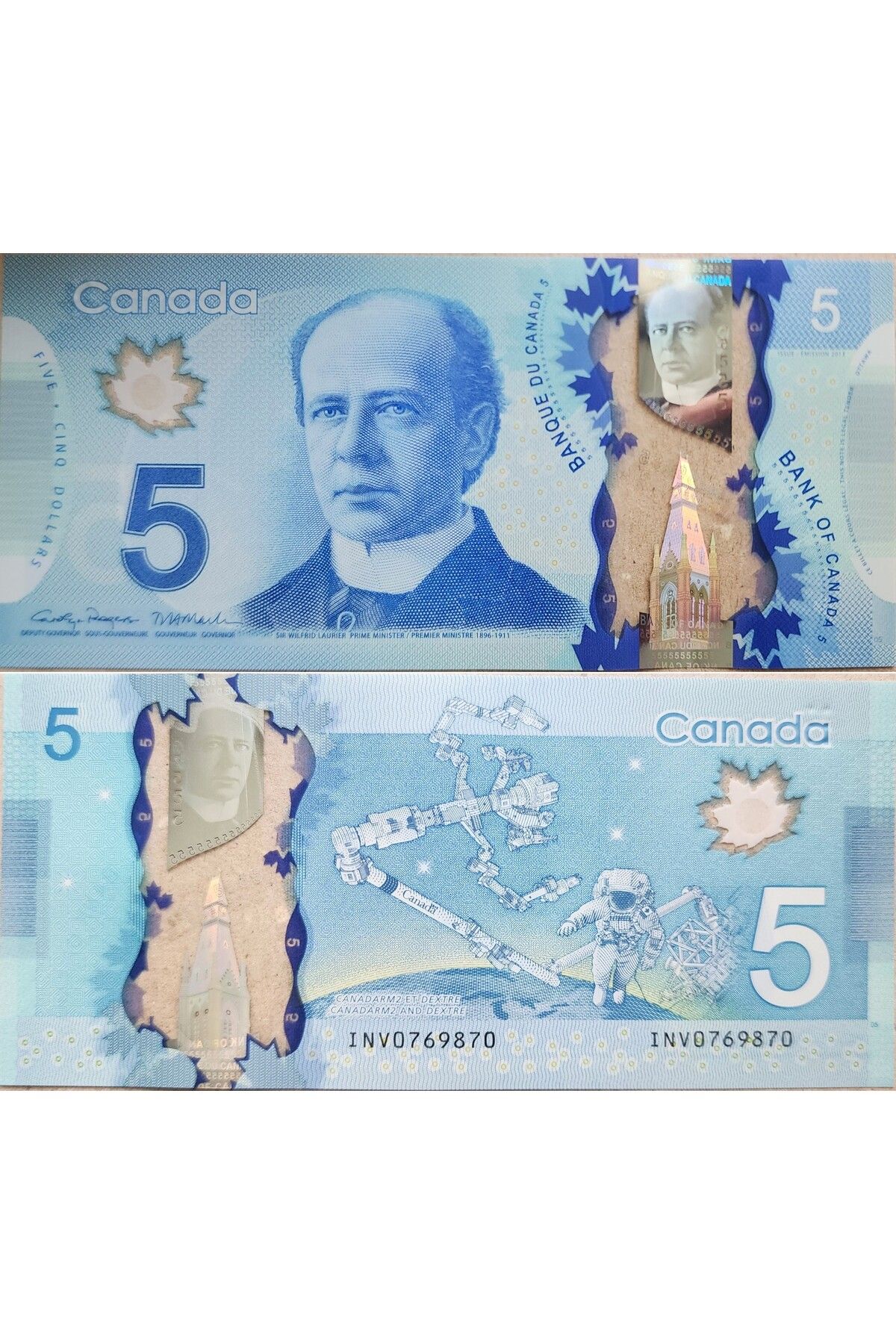 Banknoting KANADA 5 DOLAR 2013 UZAY TEMALI POLİMER PARA. ORTADA BELLİ BELİRSİZ BOMBE ÇİL(-) KONDİSYON.
