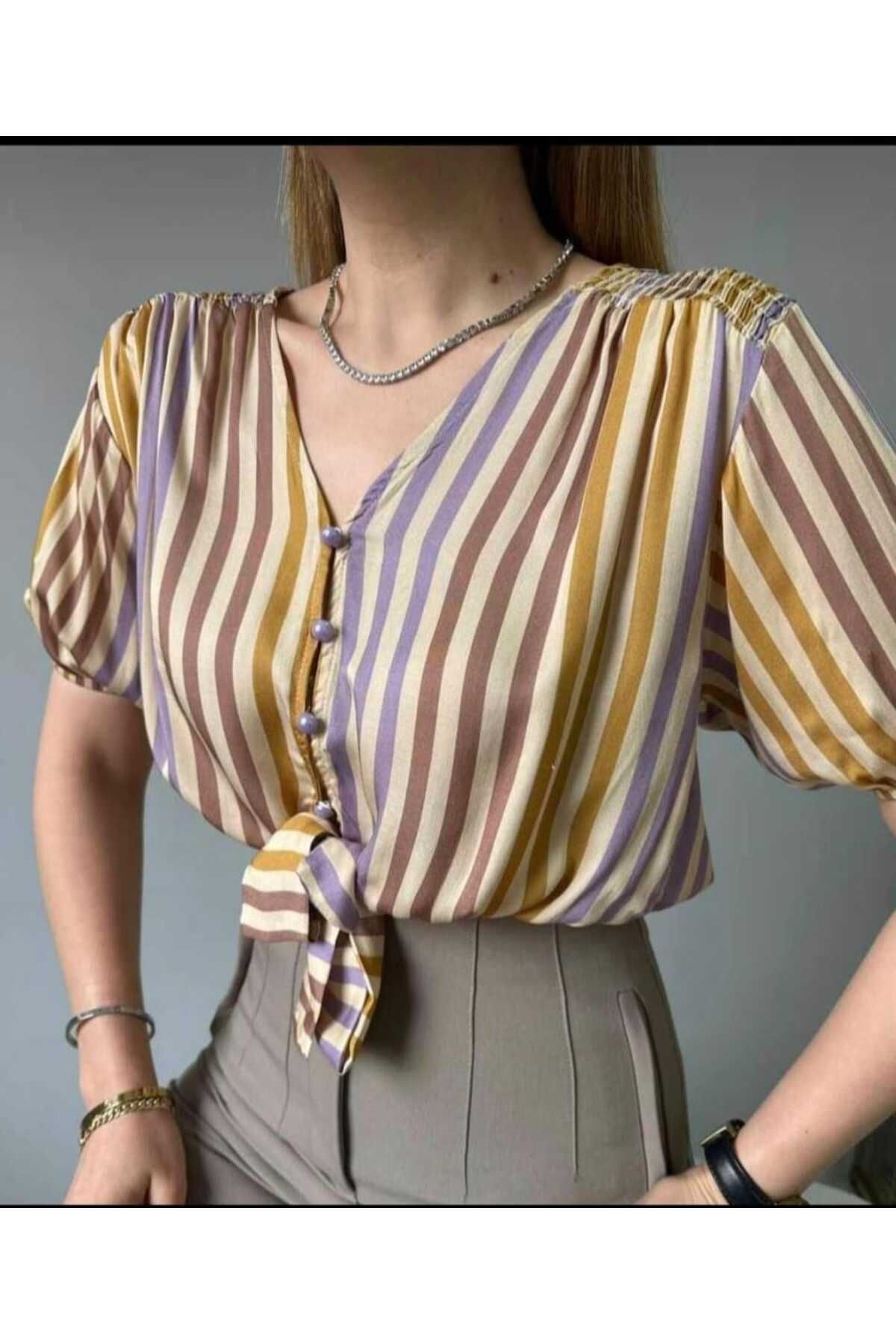 RİGALA MULTİ RENK ÇİZGİLİ CROP SATEN BLUZ
