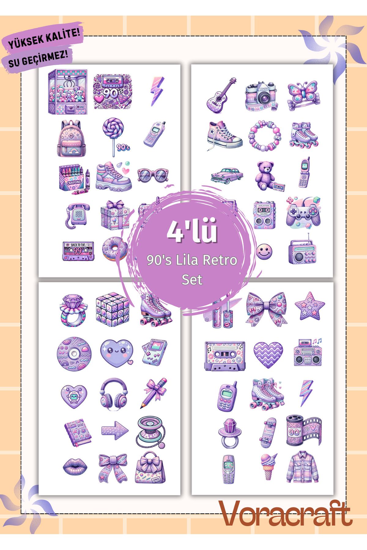 VORACRAFT 4'lü 90'lar Lila Retro Sticker Set Ajanda Bullet Journal Set A029
