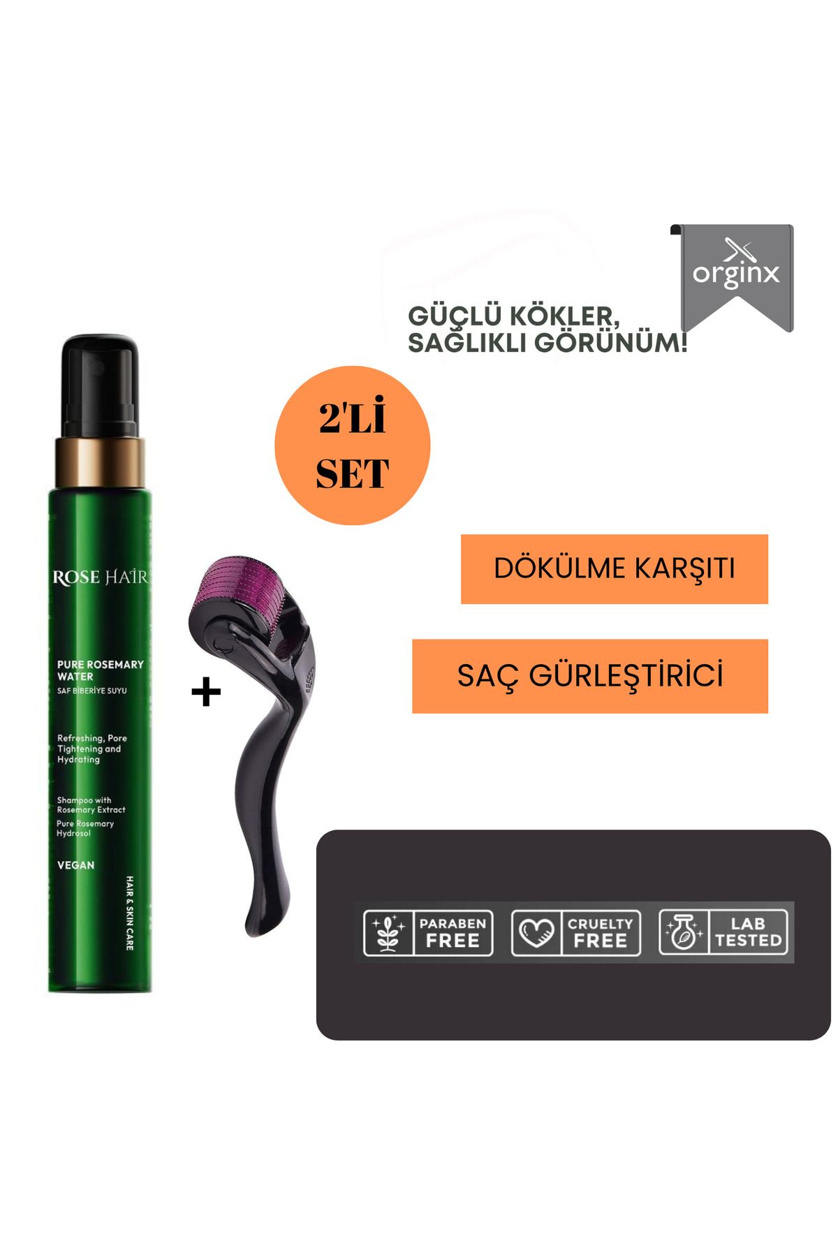ROSE HAİR Dökülme Karşıtı Ve Saç Gürleştirici 2'li Set, Saf Biberiye Suyu 100 ml Ve Dermaroller 0.5 Mm