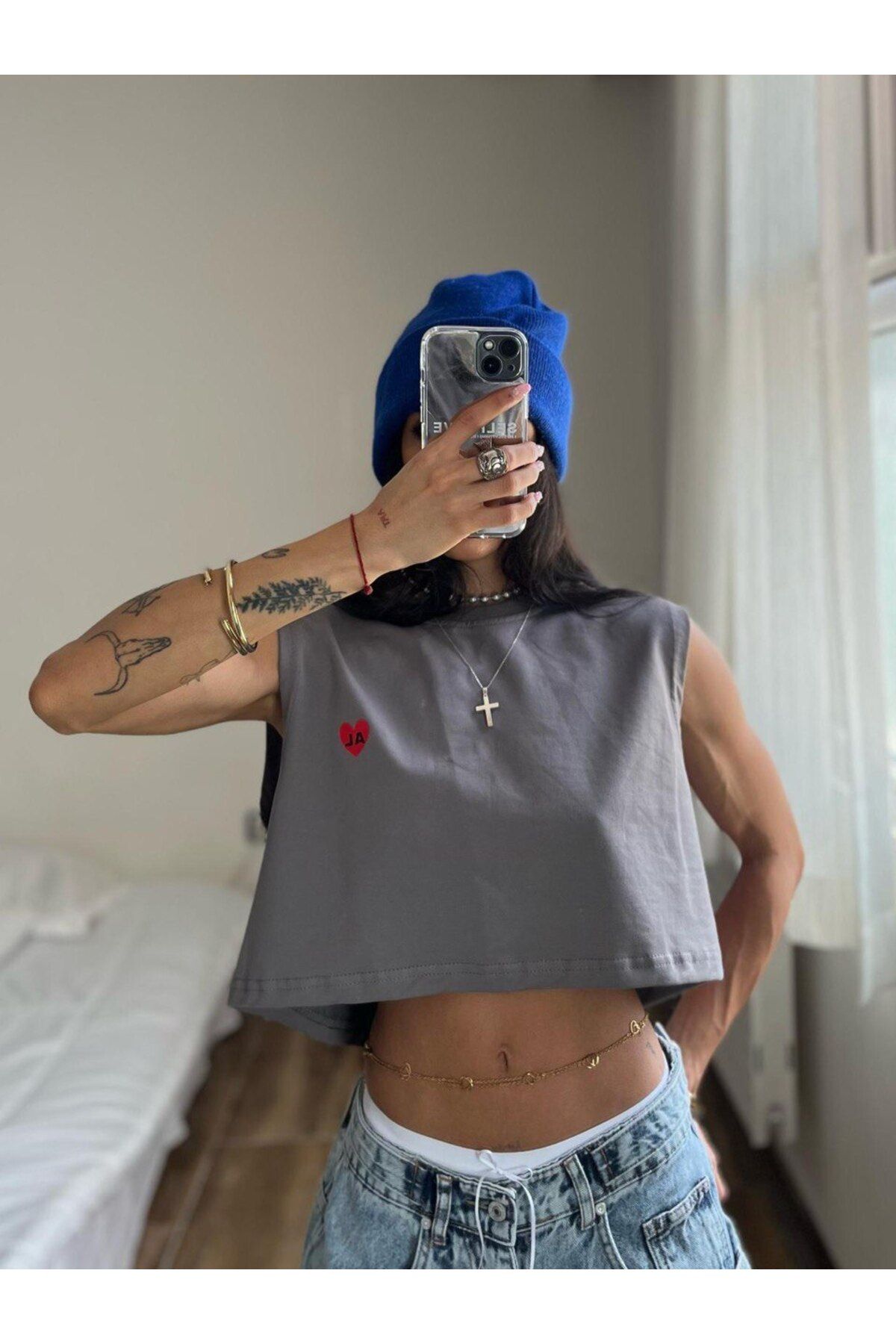 Alien 1979 💕 Self Love Kalp Detaylı Gri Crop Top