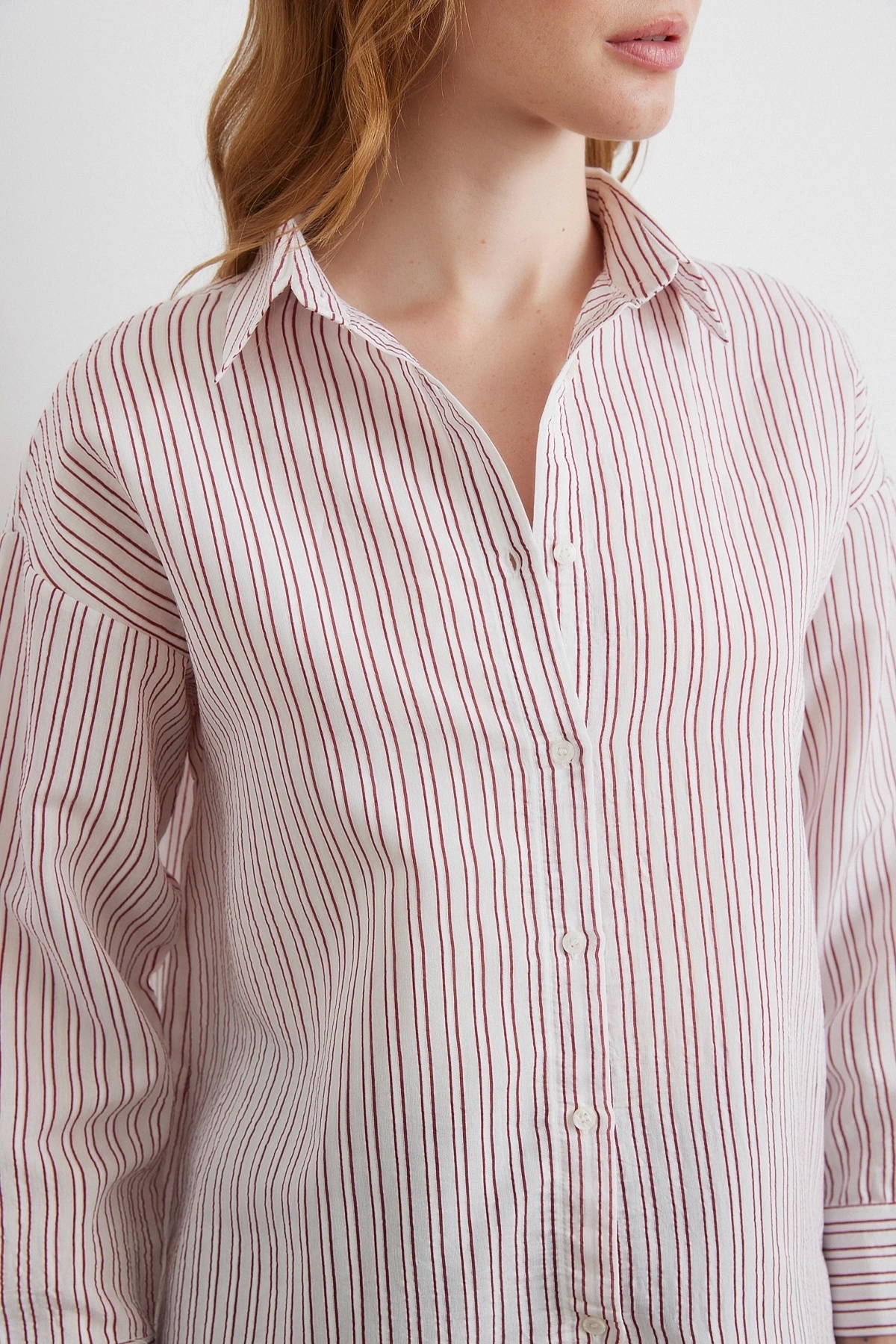Never more  Simetrik Çizgili Gömlek Bordo - Görsel 5