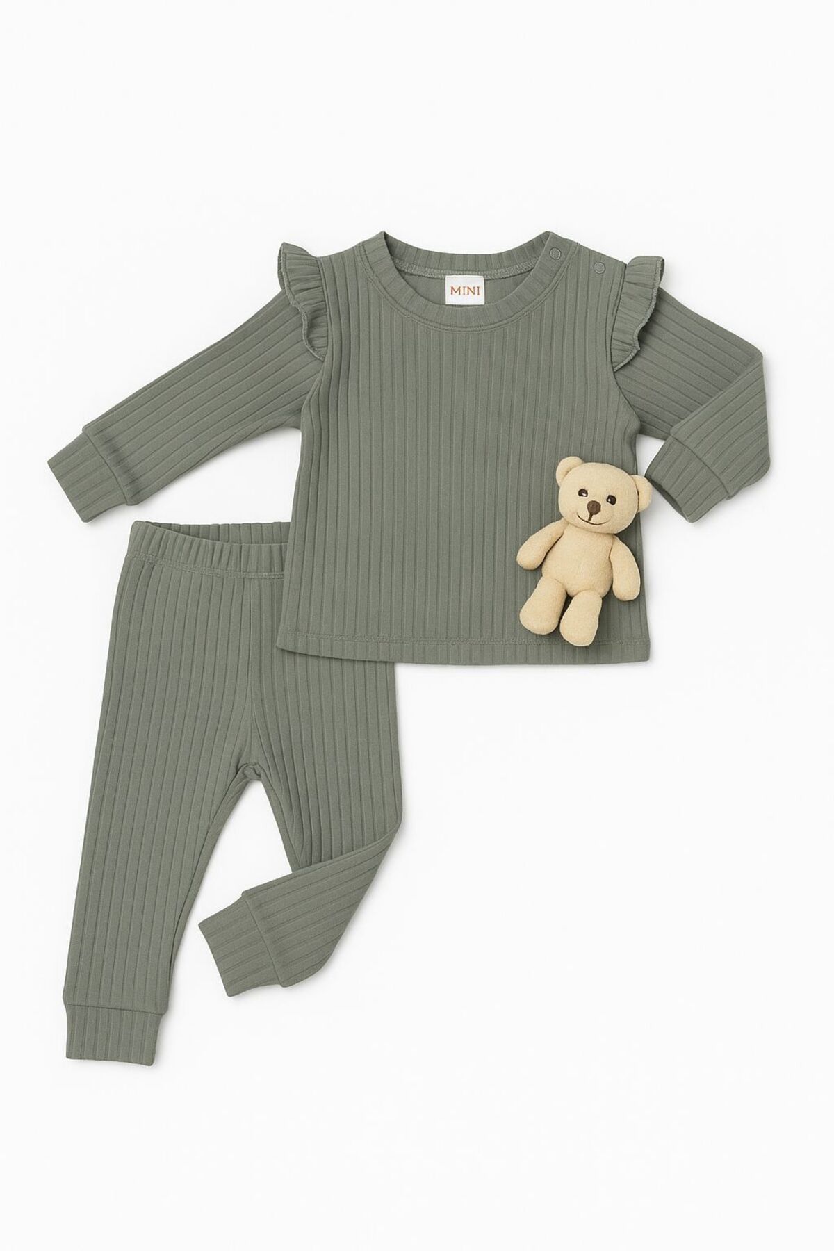 E&A Bebek Mini Ribanalı Zeytin Yeşili Bebek Takımı – Ayıcık Detaylı