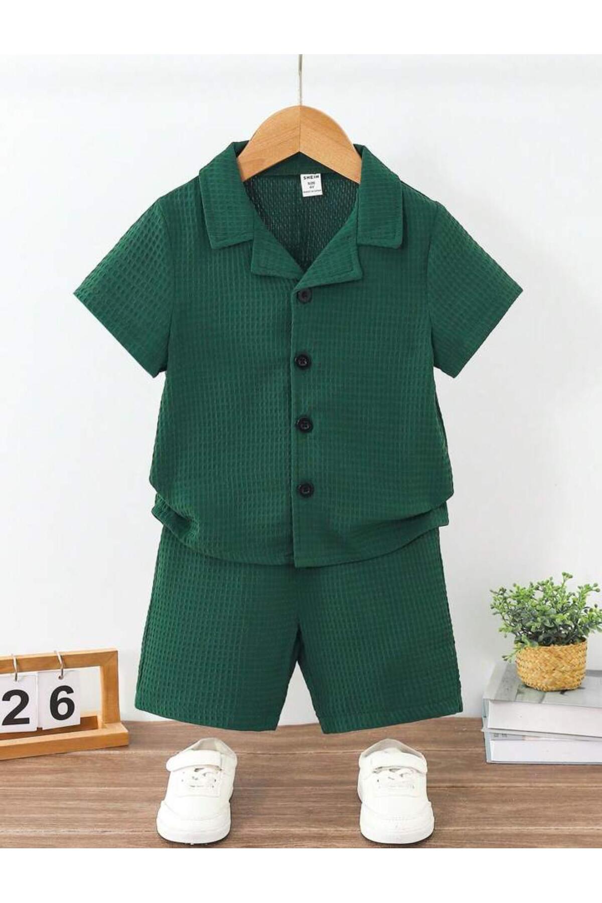 Bubito V Yaka Gömlek Detaylı Pamuklu Waffle Şort Takım-Haki fotoğrafı 2 (önizleme)