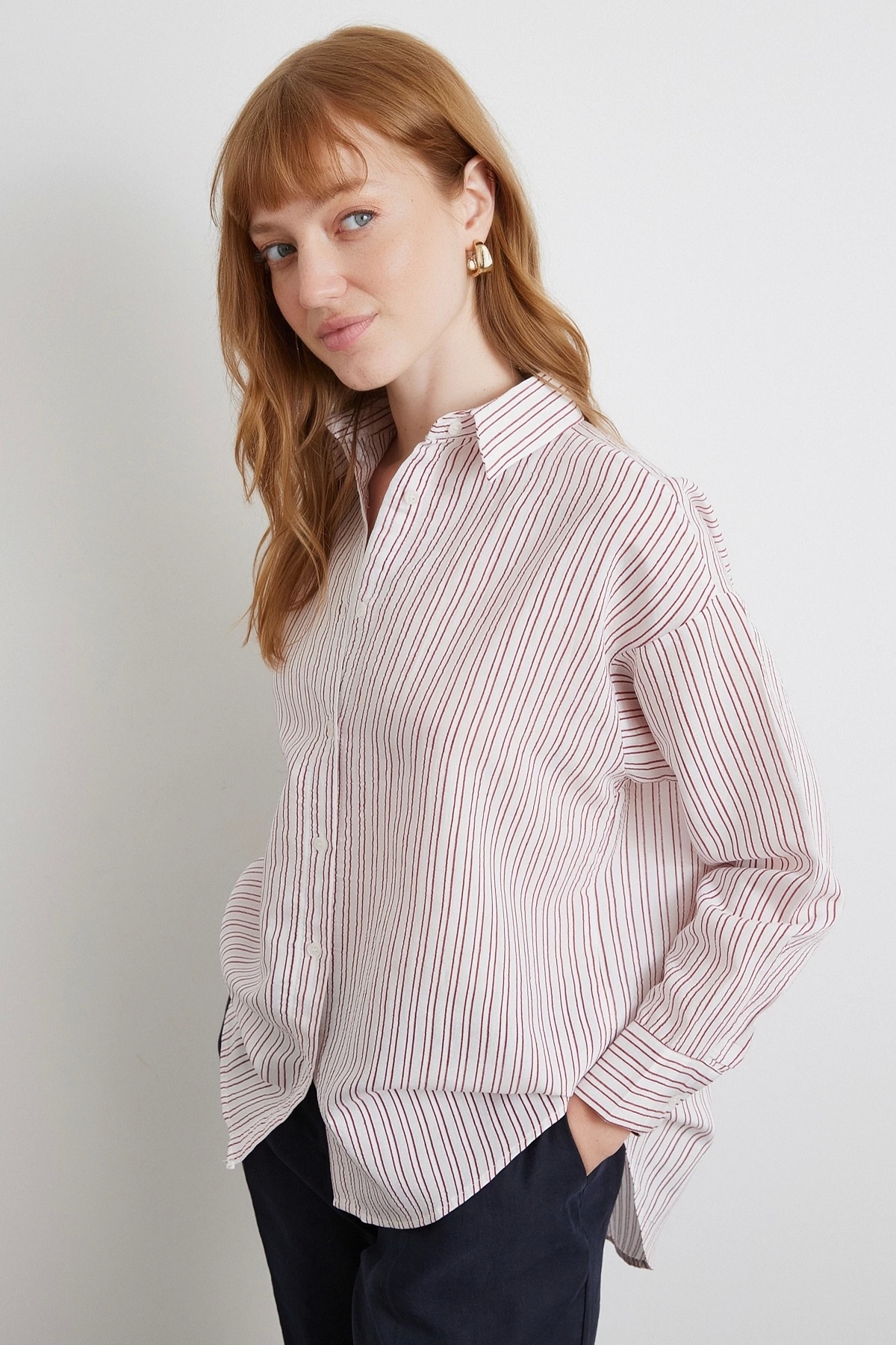 Never more  Simetrik Çizgili Gömlek Bordo - Görsel 3