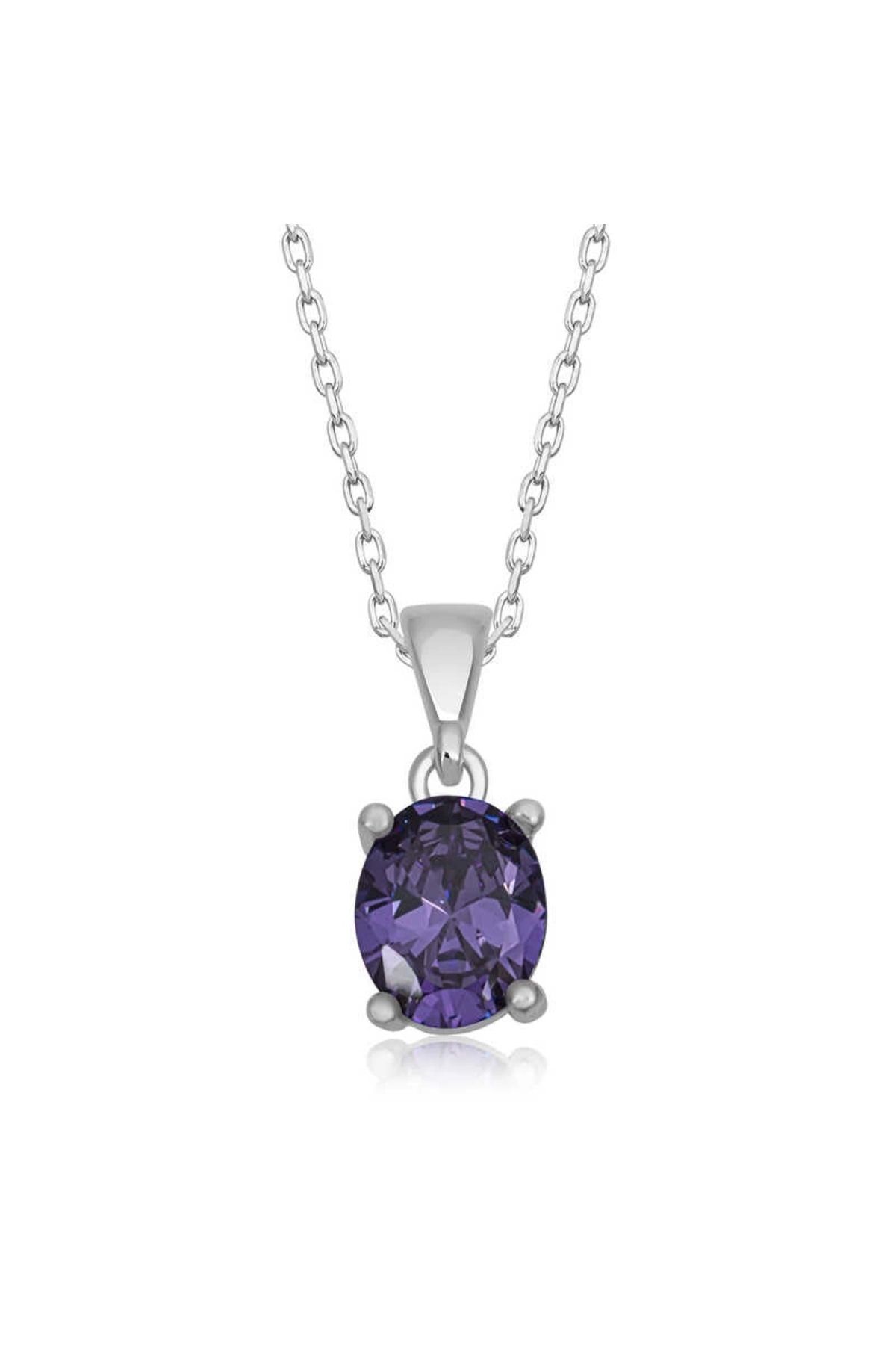 Gumush Gümüş Mor Kristal Oval Taşlı Kadın Kolye