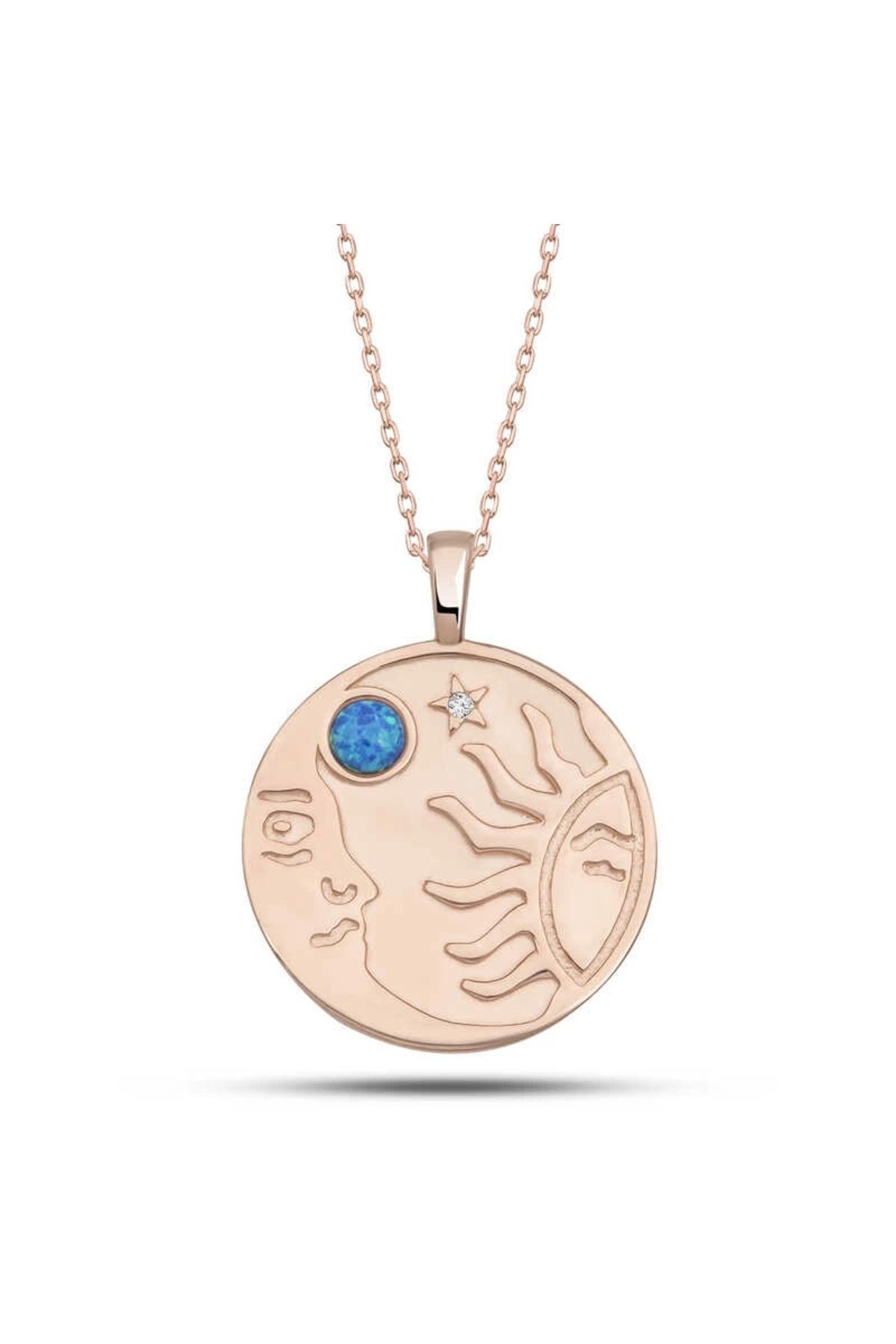 Gumush Gümüş Rose Opal Mavi Taşlı Ay Güneş Kadın Kolye