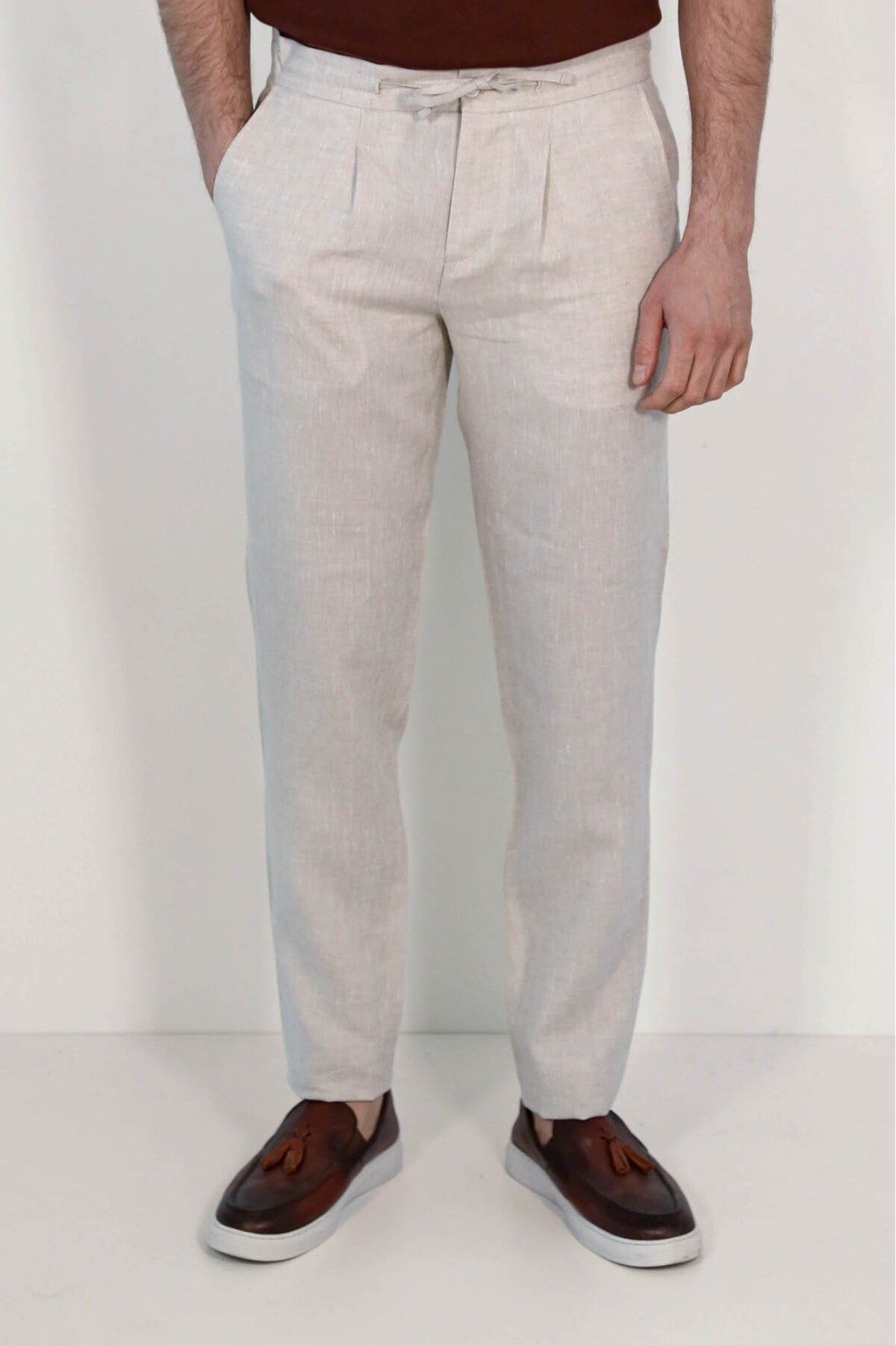 Velvarde KETEN JOGGER+İPLİ LASTLİKLİ PANTOLON BEJ