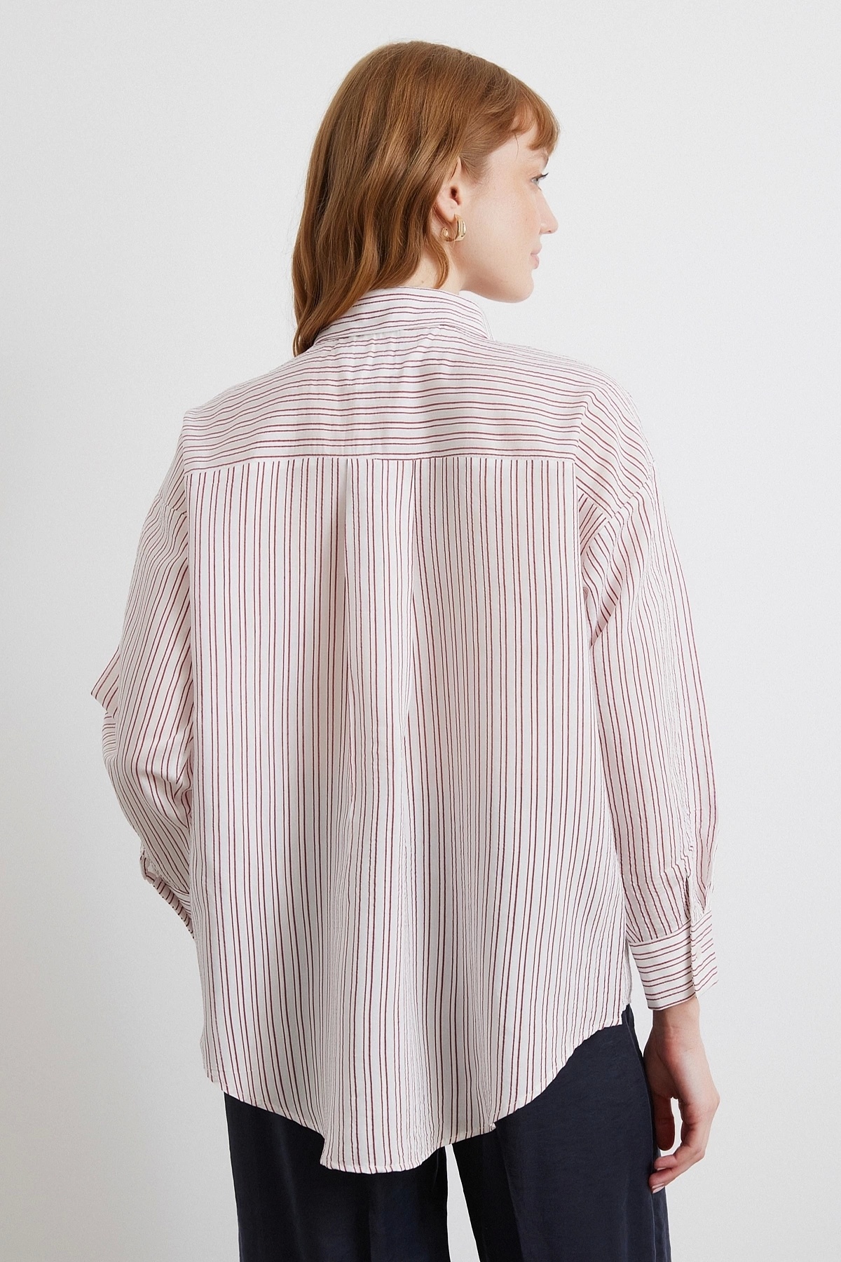 Never more  Simetrik Çizgili Gömlek Bordo - Görsel 4