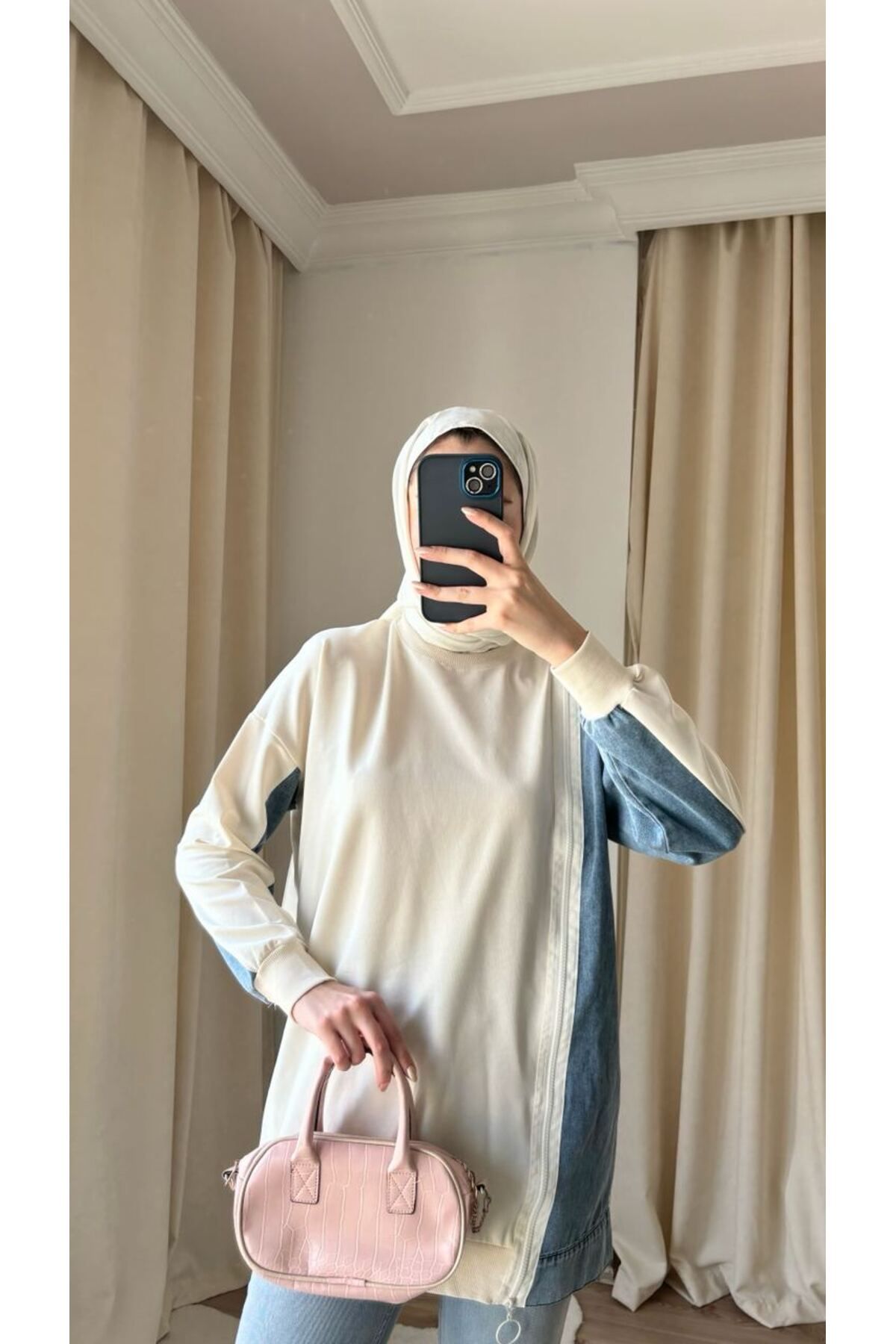 Suede Style 8777 - 3 İplik Rahat, Salaş Yan Fermuarlı Kot Detaylı Kadın Uzun Sweatshirt