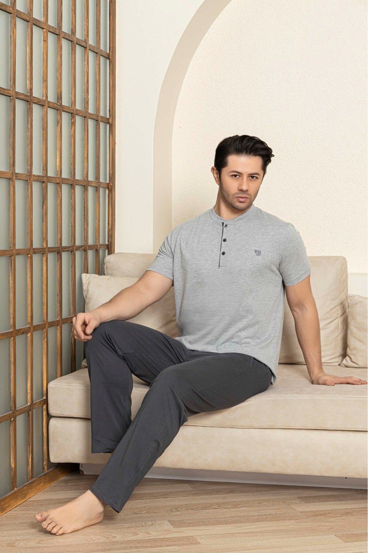 GUAVA+ Erkek 3 Düğmeli %100 Pamuk Yazlık Kısa Kol Cepli Pijama Takımı