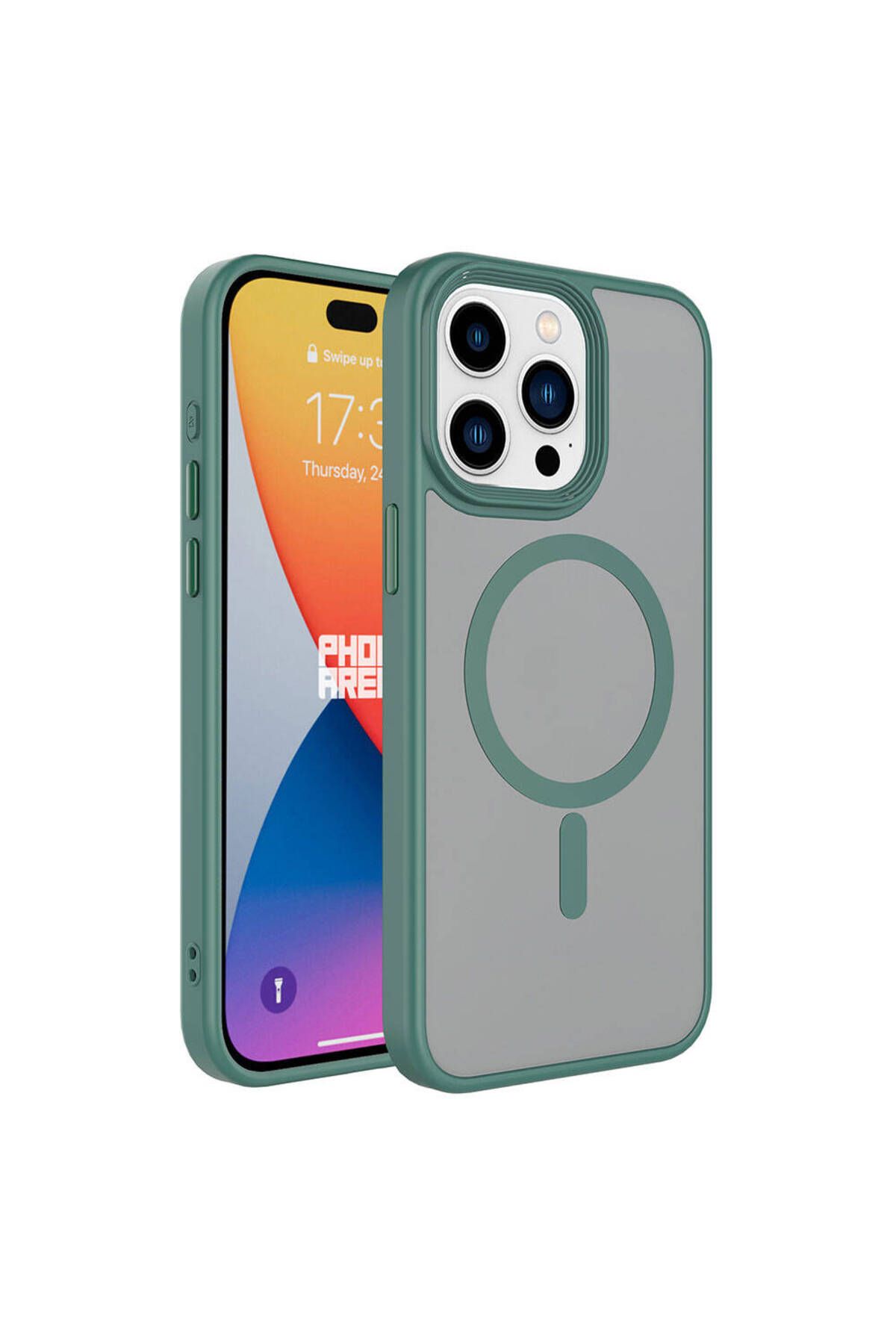 System Com iPhone 15 Pro Max Uyumlu Mat Arka Yüzey Wireless Şarj Özellikli SYS Flet Magsafe Kılıf-Yeşil