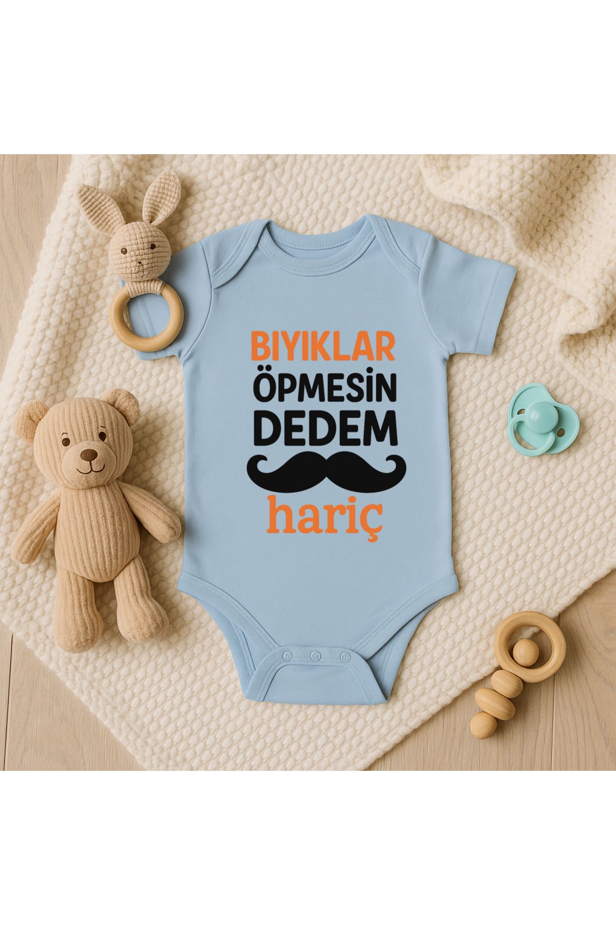 Magic Bravo %100 Pamuk Bıyıklılar Öpmesin Dedem Hariç Baskılı Mavi Bebek Çıtçıtlı Badi Zıbın Body