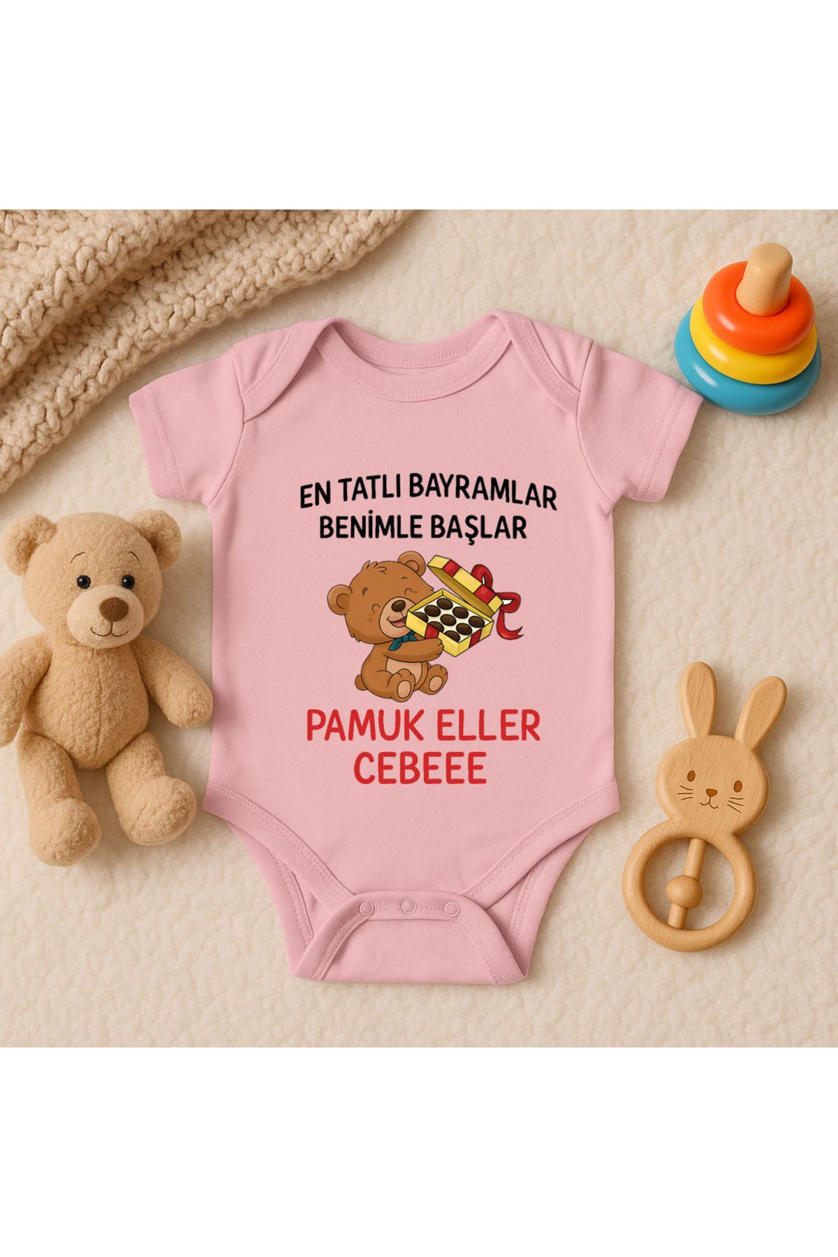 Magic Bravo %100 Pamuk En Tatlı Bayramlar Baskılı Pembe Bebek Çıtçıtlı Badi Zıbın Body