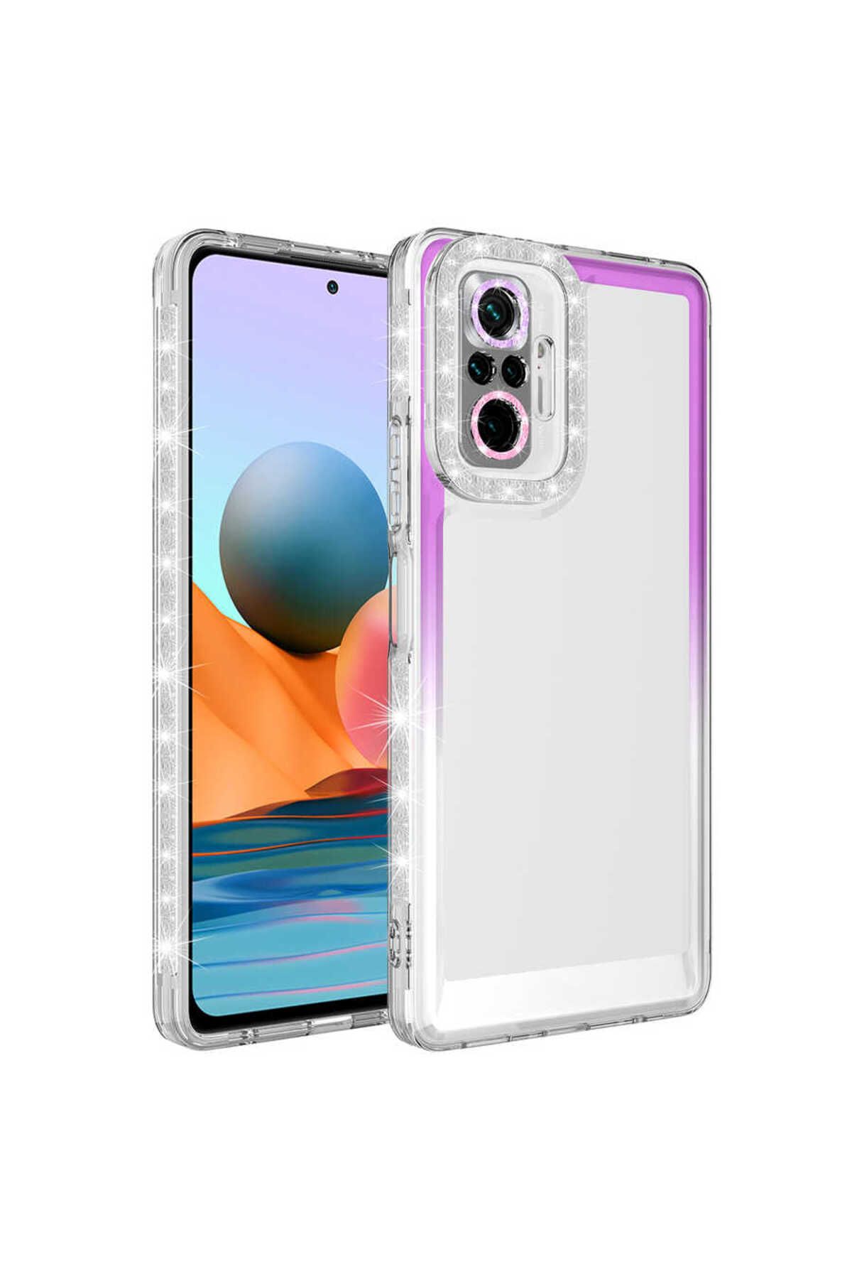 System Com Redmi Note 10 Pro Kılıf Simli ve Renk Geçiş Tasarımlı Lens Korumalı SYS Park Kapak - Mor-Beyaz