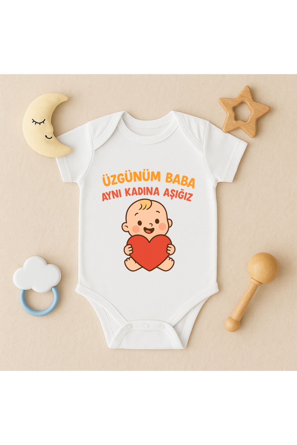 Magic Bravo %100 Pamuk Üzgünüm Baba Aynı Kadına Aşığız Baskılı Beyaz Bebek Çıtçıtlı Badi Zıbın Body