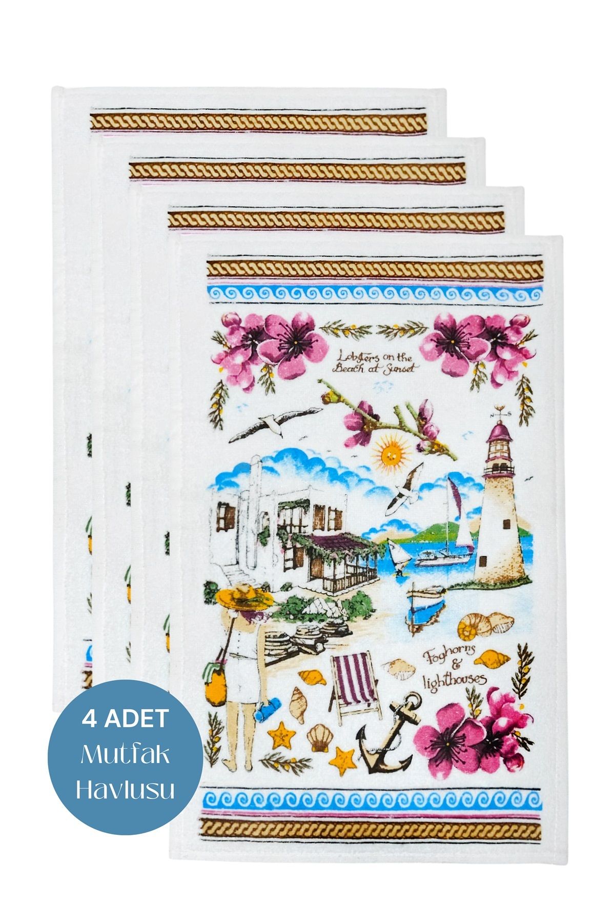 sevilya 4lü Paket Baskılı Beyaz Mutfak Havlusu Modeli