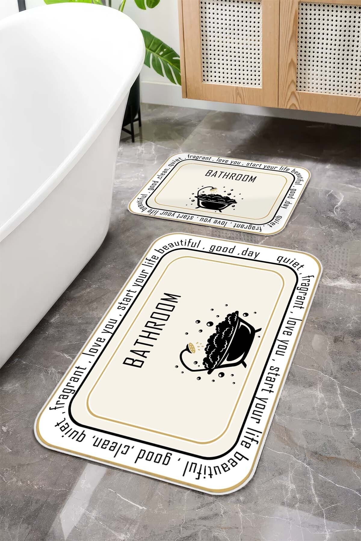 Argento Makinede Yıkanabilir Kaymaz Taban Leke Tutmaz Modern 2'li Banyo Paspas Takımı 60x90+40x60
