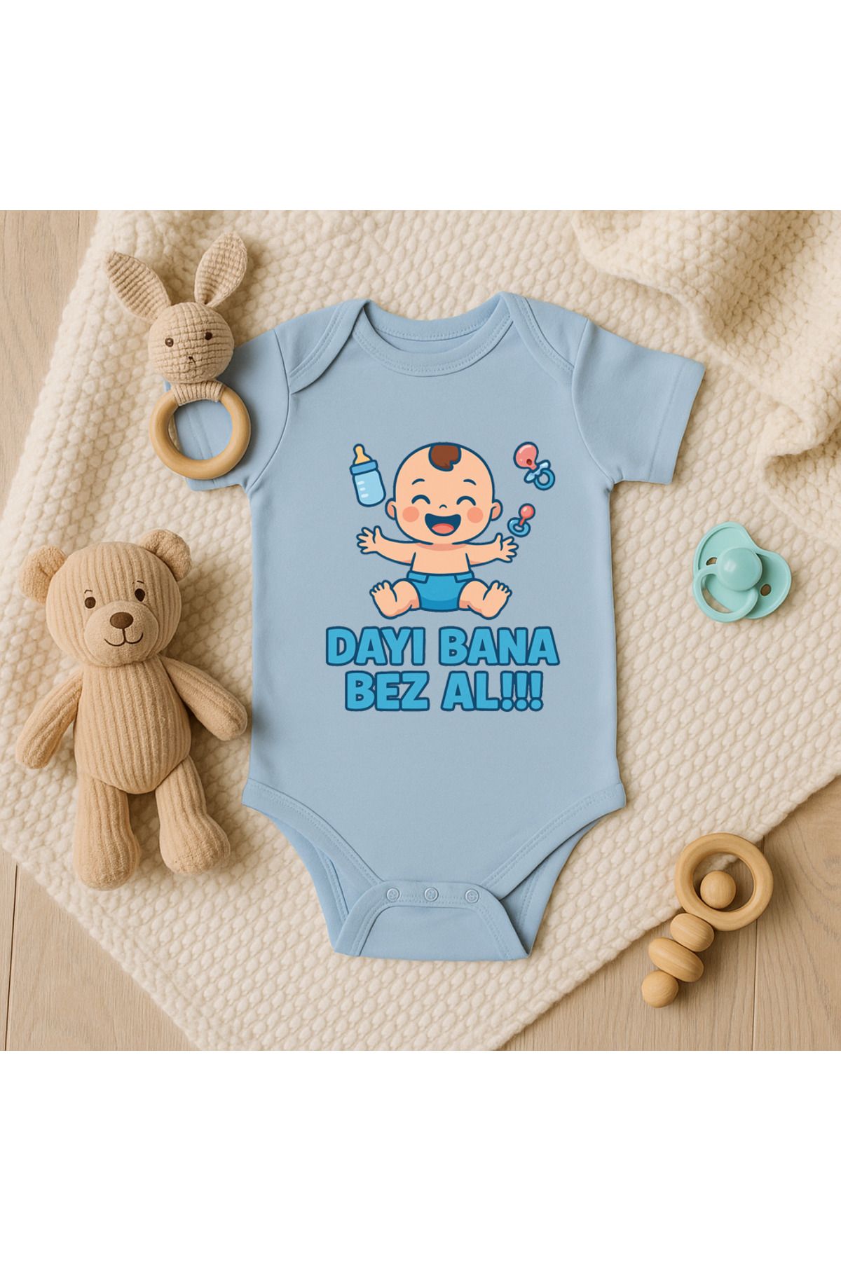 Magic Bravo %100 Pamuk Dayı Bana Bez Al Baskılı Mavi Bebek Çıtçıtlı Badi Zıbın Body