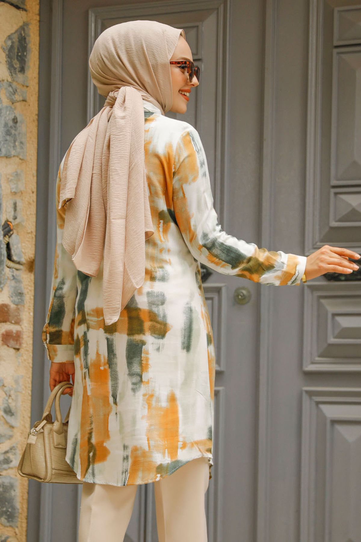 Neva Style-Patterned Camel Hijab Tunic 11690C 4
