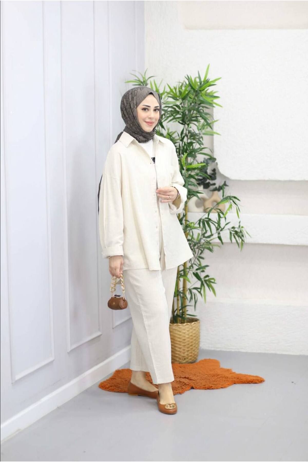 Suede Style 5697 - Şık Rahat Keten Gömlek-Pantolon Kadın Takım