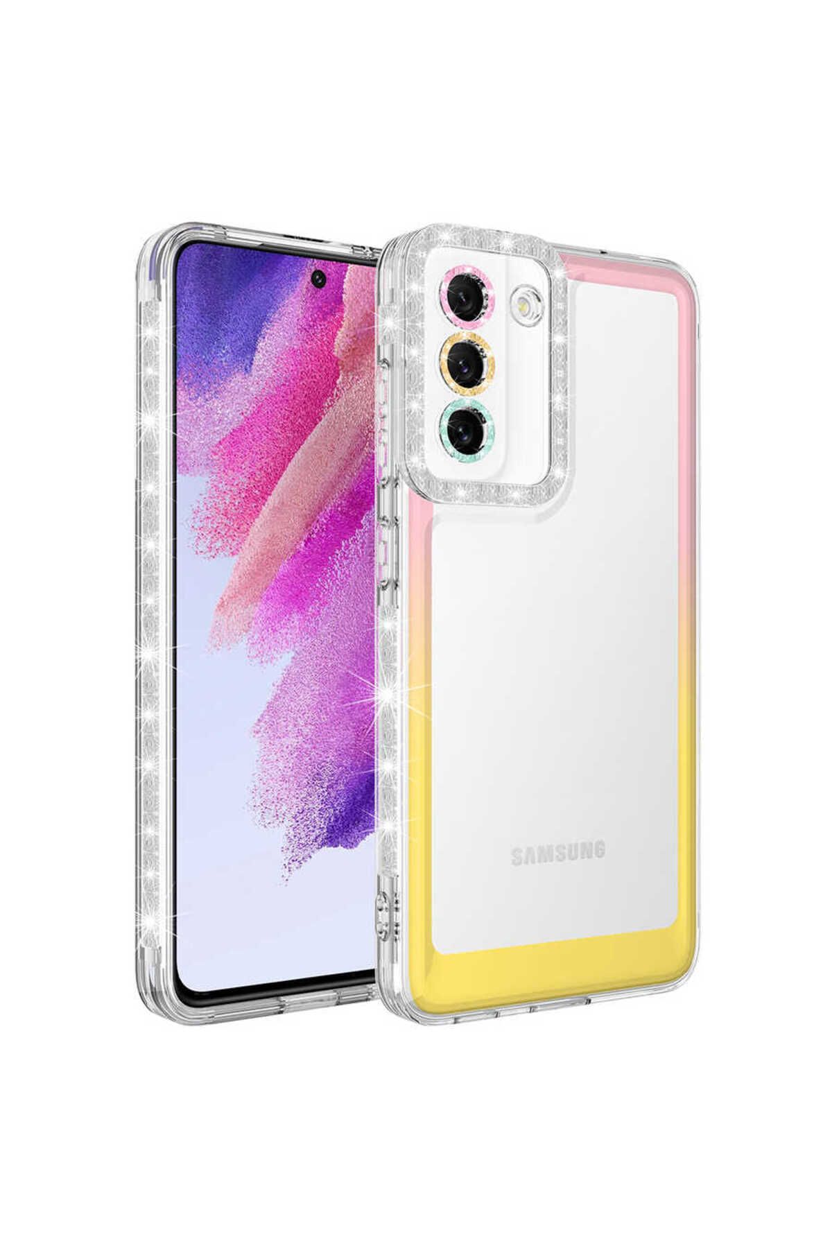 System Com Galaxy S21 FE Uyumlu Simli ve Renk Geçiş Tasarımlı LSYS Korumalı SYS Park Kılıf-Pembe-Sarı