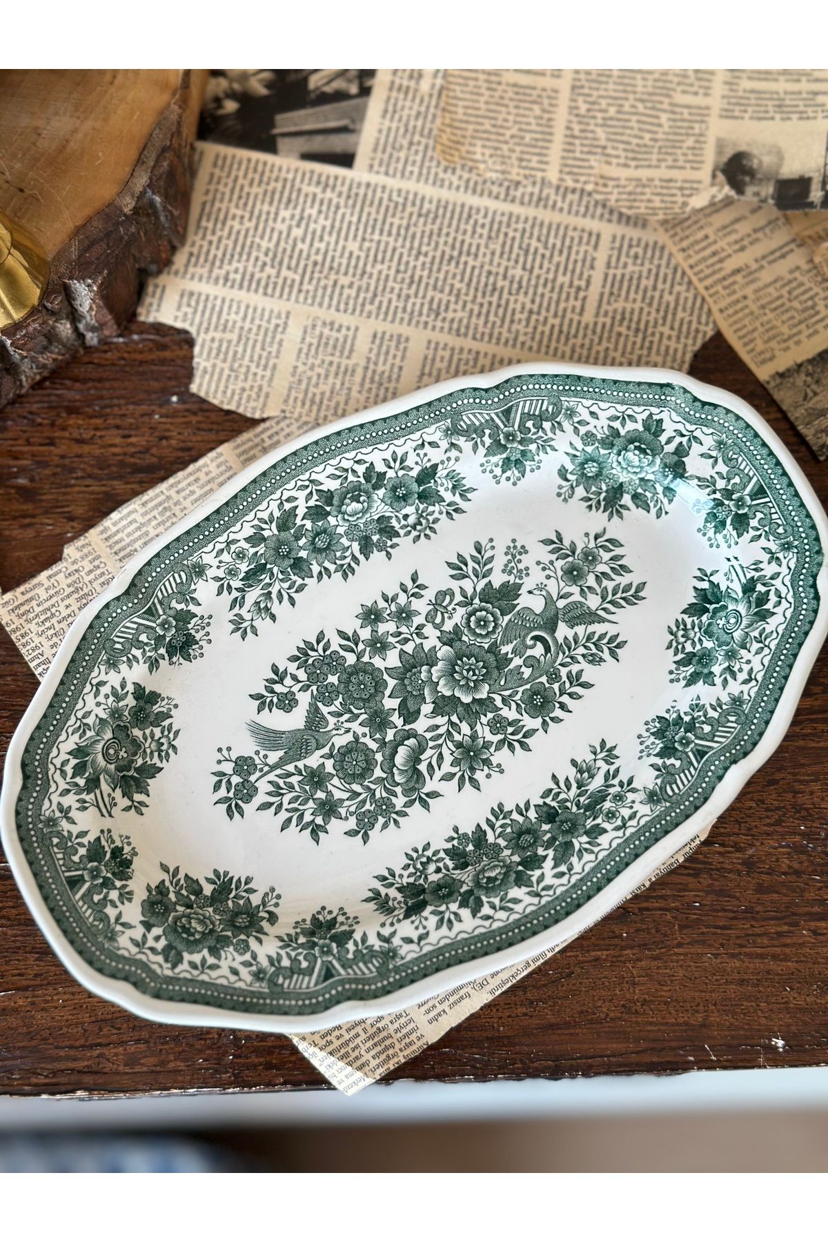 Villeroy & Boch Villeroy Boch Fasan Koyu Yeşil Haki Antika Porselen Kayık Tabak Oval Sunumluk