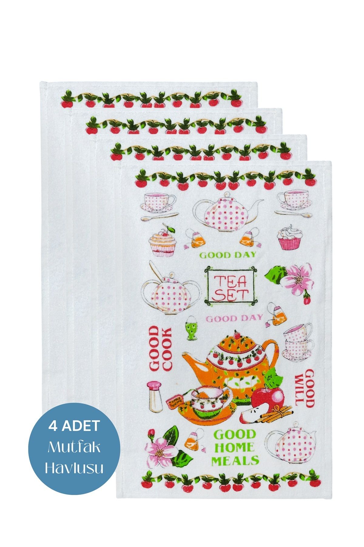 sevilya 4lü Paket Baskılı Beyaz Mutfak Havlusu Modeli