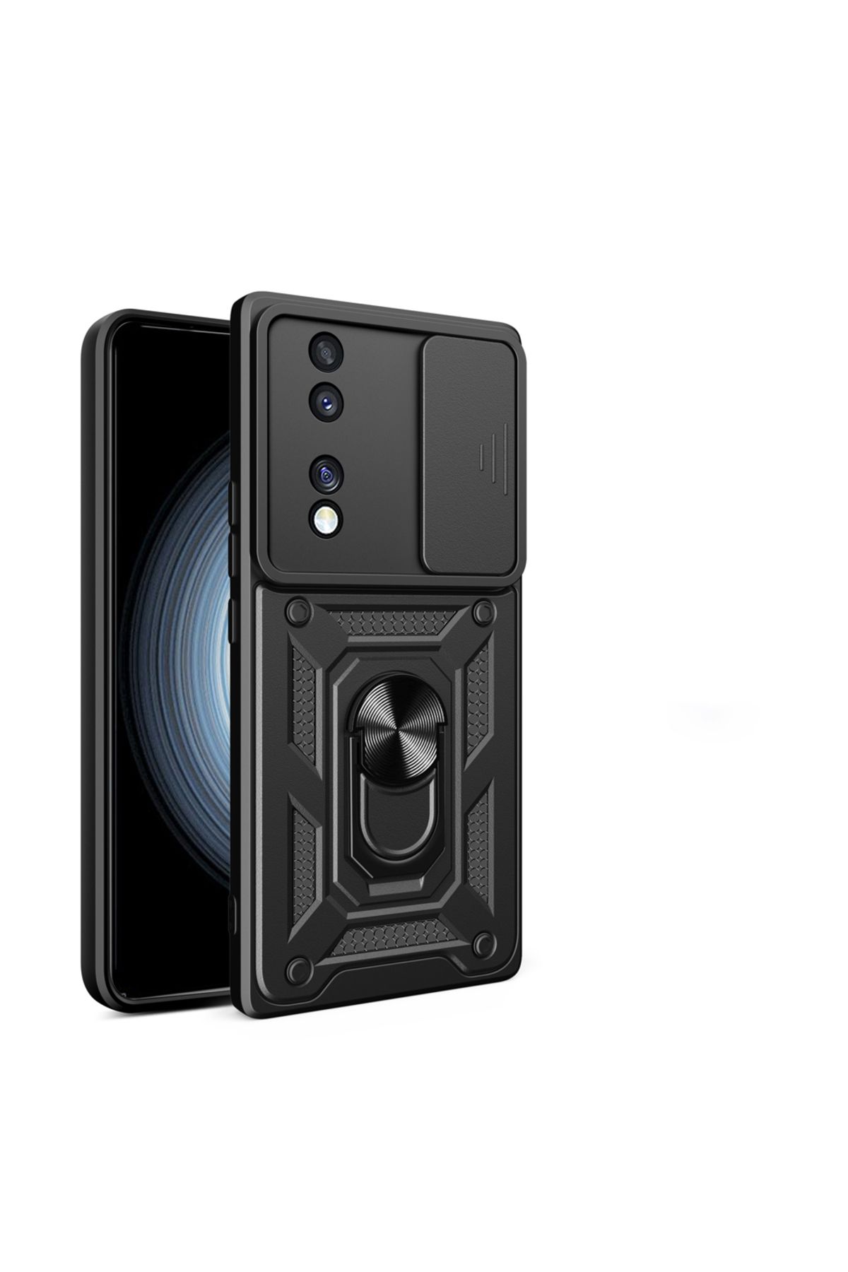 System Com Honor 70 Uyumlu Kılıf Magnetik Standlı Kamera Korumalı SYS Sürgülü Vega Kapak-Siyah