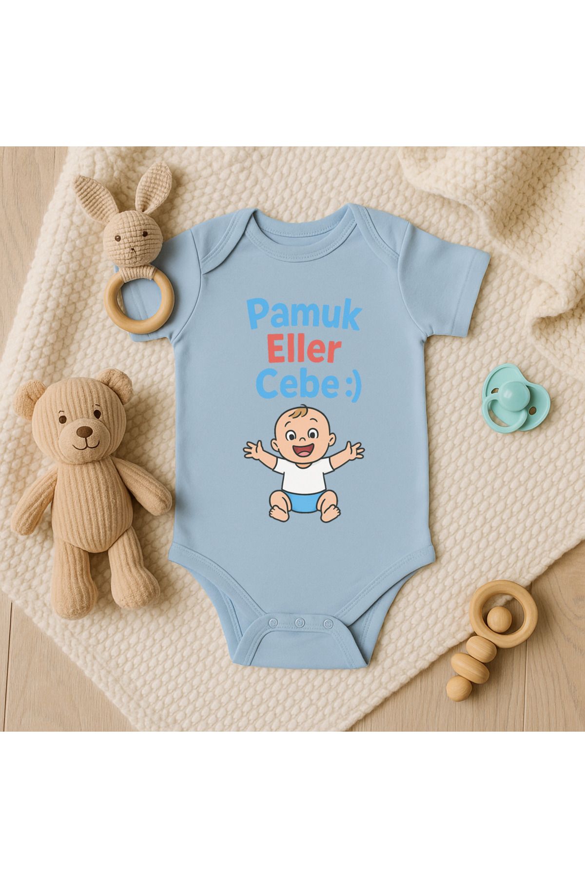 Magic Bravo %100 Pamuk Pamuk Eller Cebe Baskılı Mavi Bebek Çıtçıtlı Badi Zıbın Body