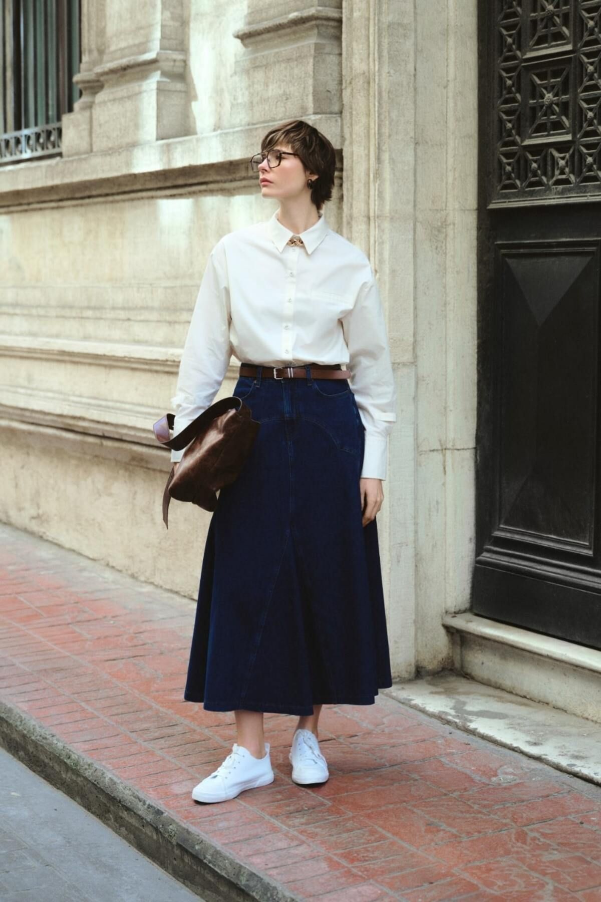 Mizalle Parça Volanlı Lacivert Maksi Denim Etek