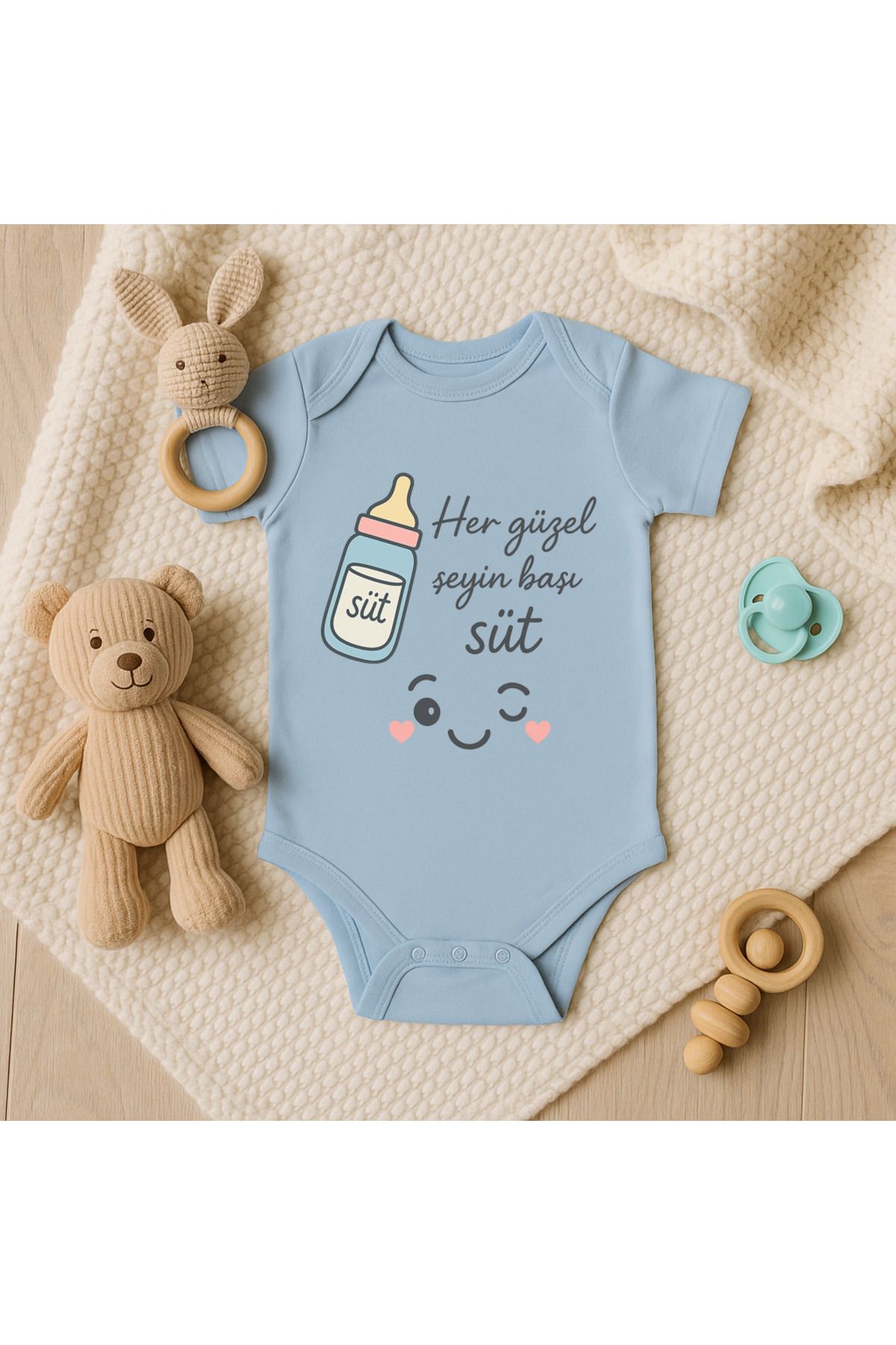 Magic Bravo %100 Pamuk Her Güzel Şeyin Başı Süt Baskılı Mavi Bebek Çıtçıtlı Badi Zıbın Body