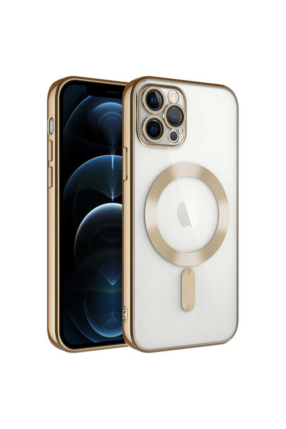 System Com iPhone 13 Pro Uyumlu Kamera Korumalı Magsafe Wireless Şarj Özellikli SYS Demre Kılıf-Gold