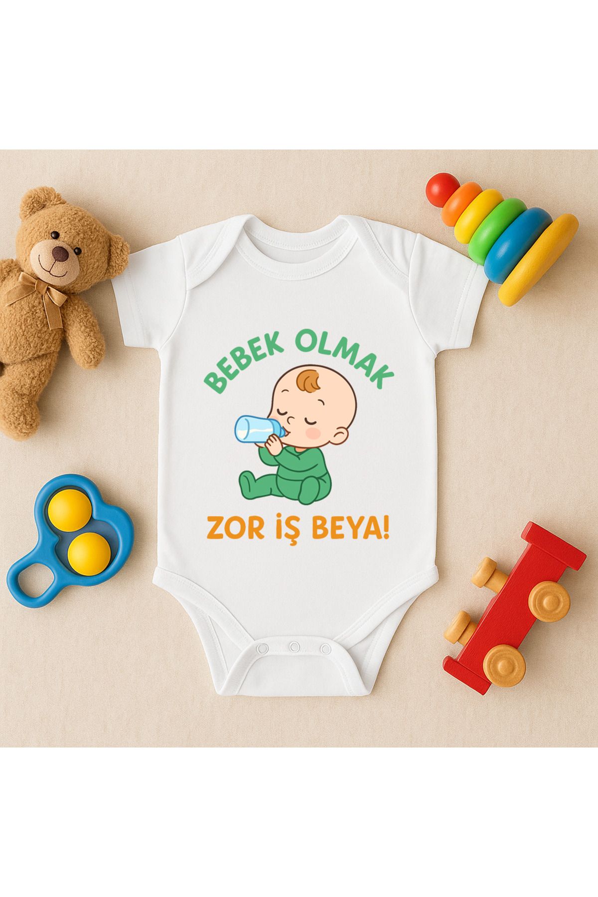 Magic Bravo %100 Pamuk Bebek Olmak Zor İş Beya Baskılı Beyaz Bebek Çıtçıtlı Badi Zıbın Body