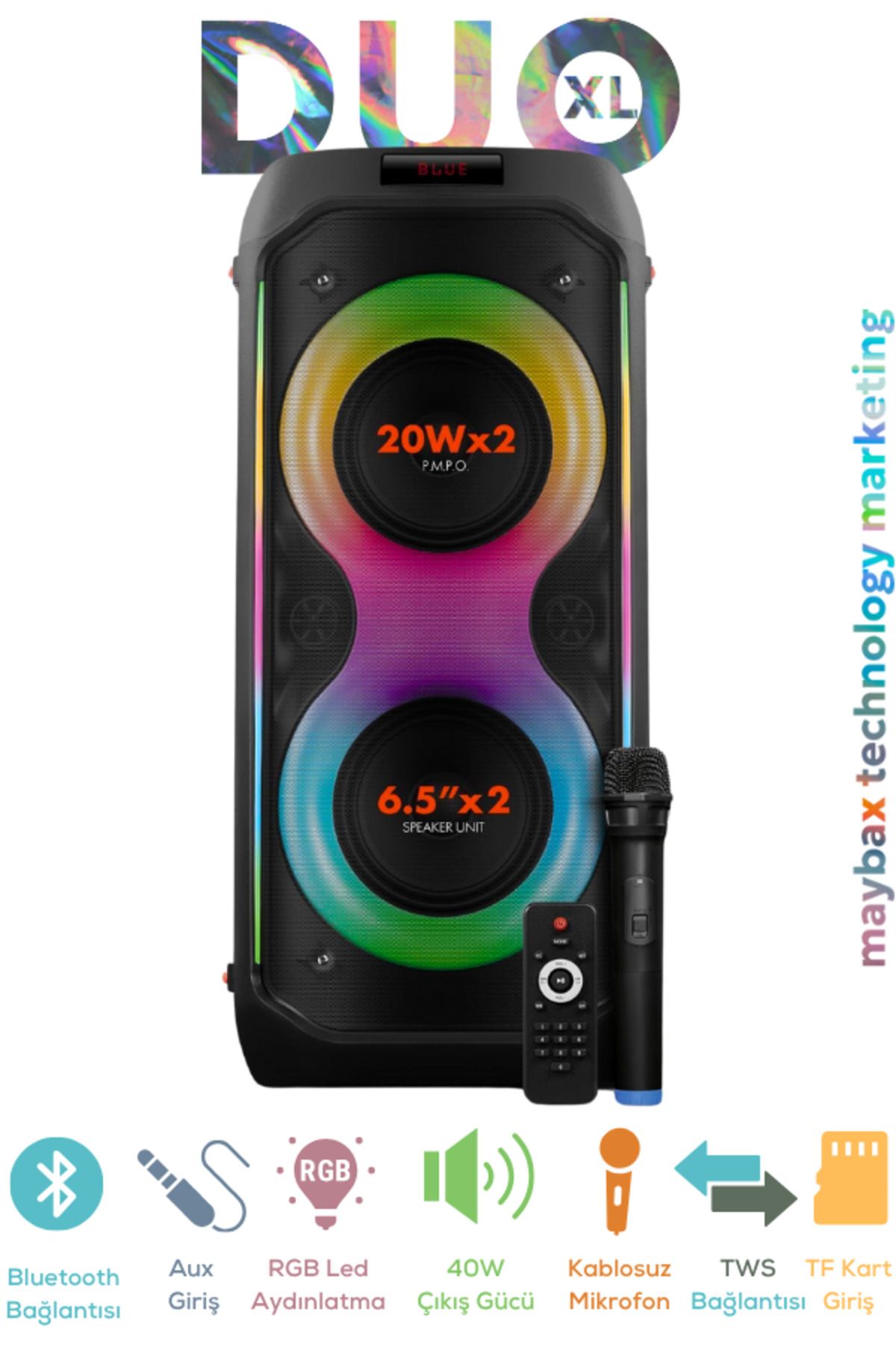 Maybax DUO XL Taşınabilir Mikrofonlu 20x2 W Kablosuz Mikrofon Ses Kayıt Bluetooth Hoparlör Led Işıklı